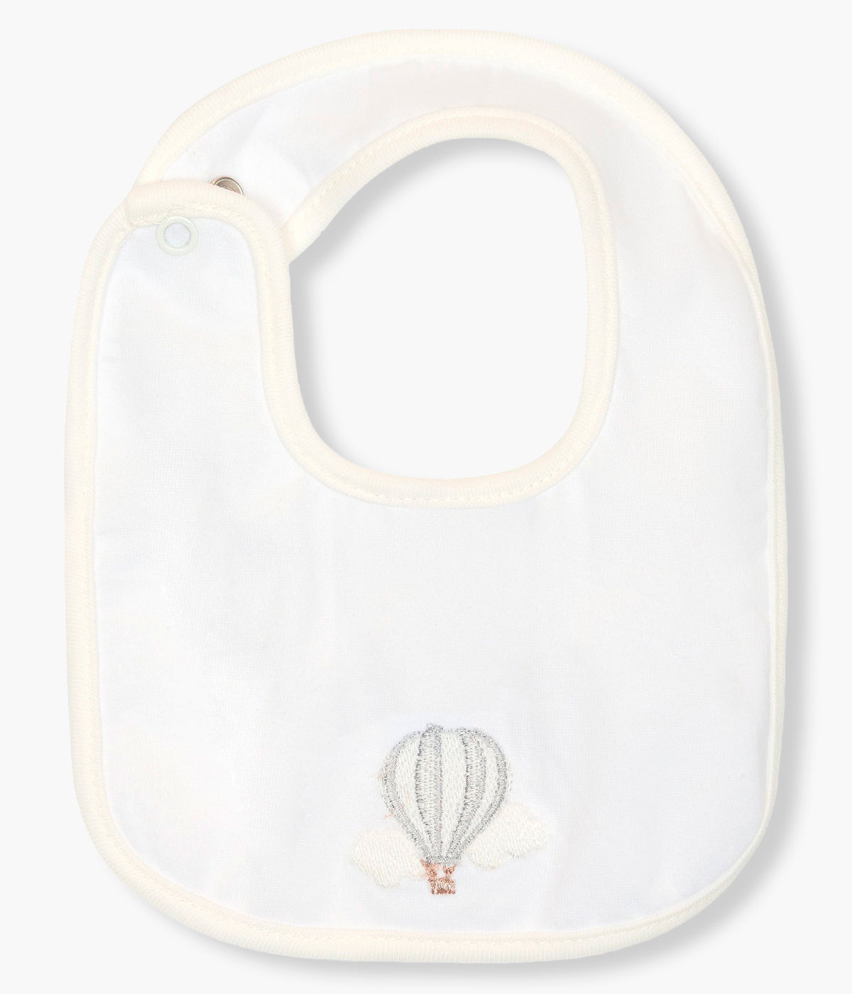 Vista de trás da babete impermeável pérola da Baby Gi para bebé e recém-nascido(a), 100% algodão. Elegante babete de formato retangular com balão ar quente bordado na frente.