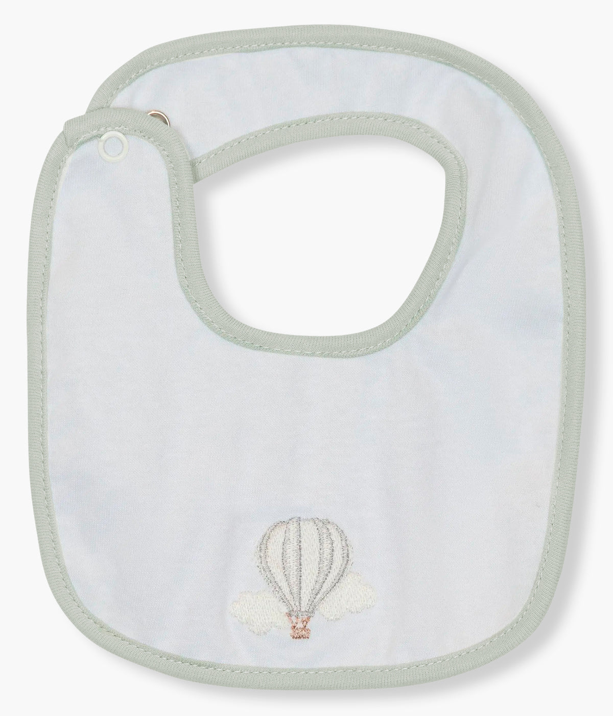 Vista traseira da babete impermeável verde da Baby Gi para bebé e recém-nascido(a), 100% algodão. Elegante babete de formato retangular com balão ar quente bordado na frente.