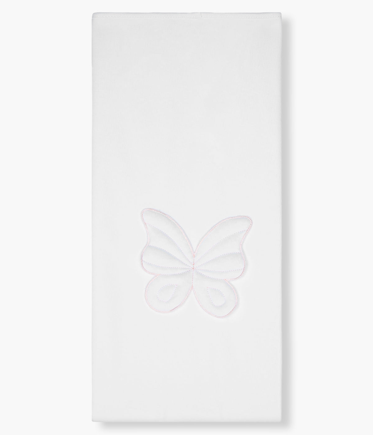 Vista de frente da manta em algodão branca da Baby Gi para bebé menina e recém-nascida, 100% algodão. Respirável manta com pequena borboleta com contornos em rosa no canto.