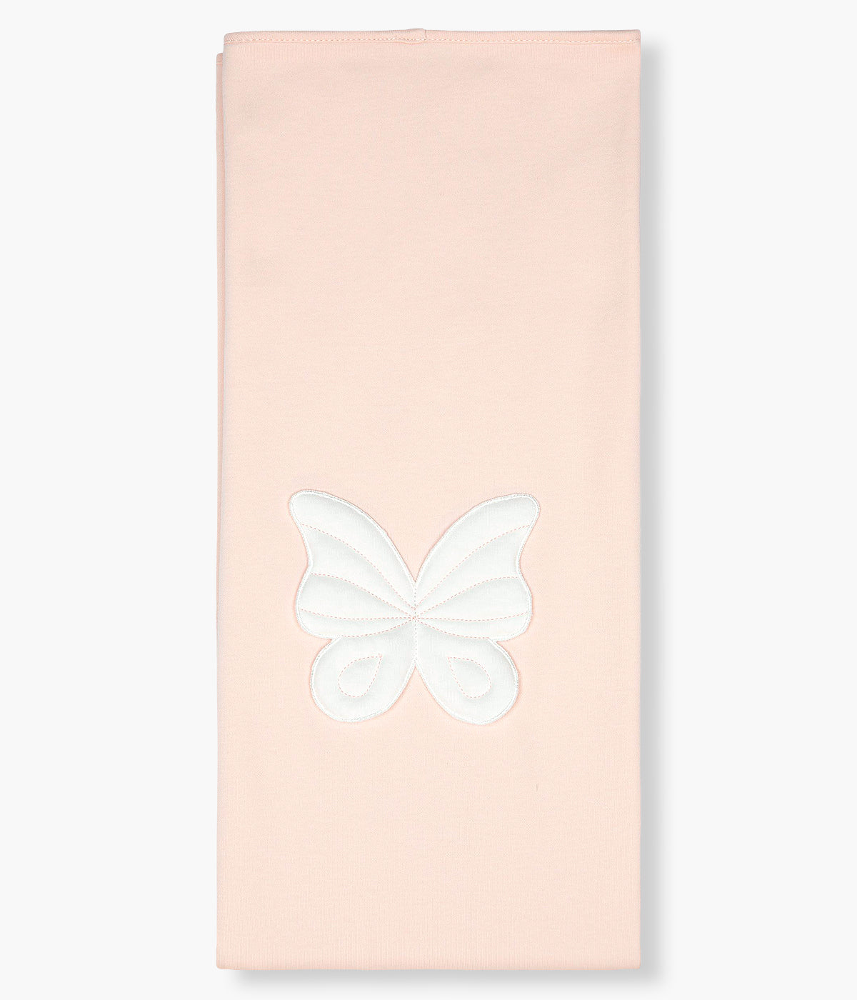 Vista de frente da manta em algodão nude da Baby Gi para bebé menina e recém-nascida, 100% algodão. Respirável manta com pequena borboleta branca.
