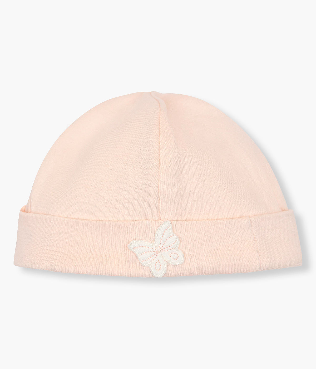 Vista de frente do gorro duplo nude da Baby Gi para bebé menina e recém-nascida, 100% algodão. Suave gorro com pequena borboleta em branco, dobra a toda a volta e interior sem costuras.