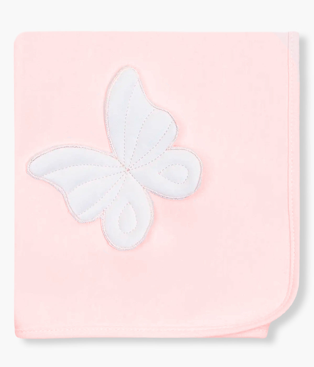 Vista frontal da fralda rosa da Baby Gi para bebé menina e recém-nascida, 100% algodão. Delicada fralda com detalhe de borboleta branca no canto.