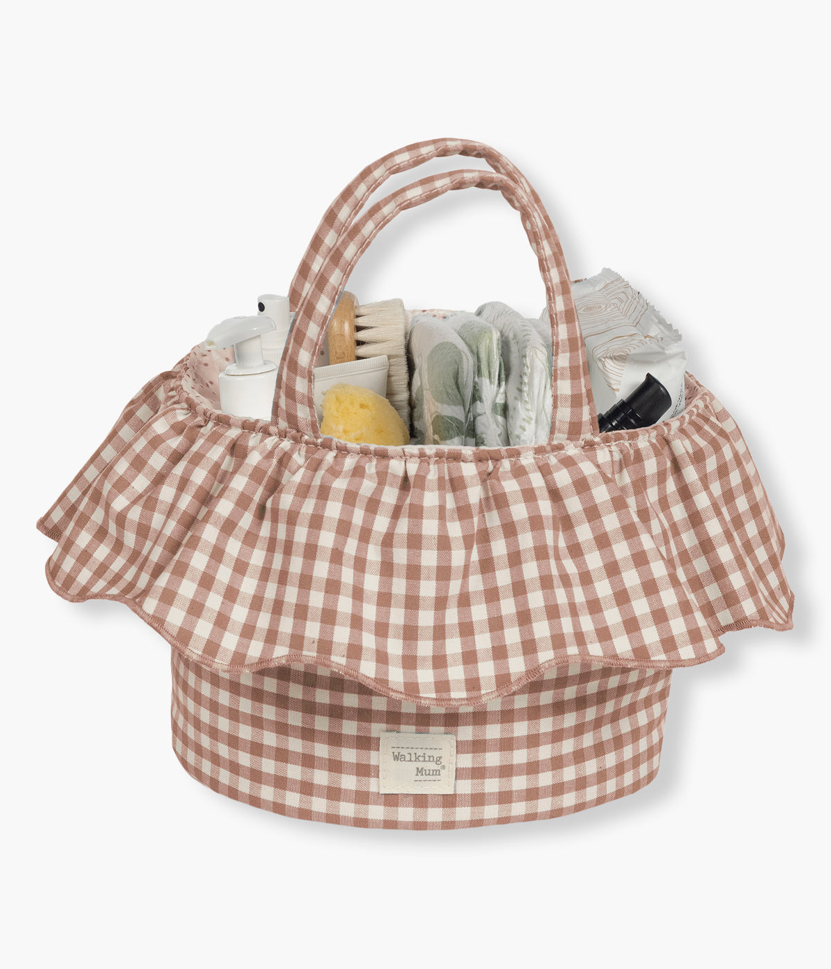 Cesto Organizador Walking Mum Praliné Vichy Moka vista de frente e com essenciais de bebé.