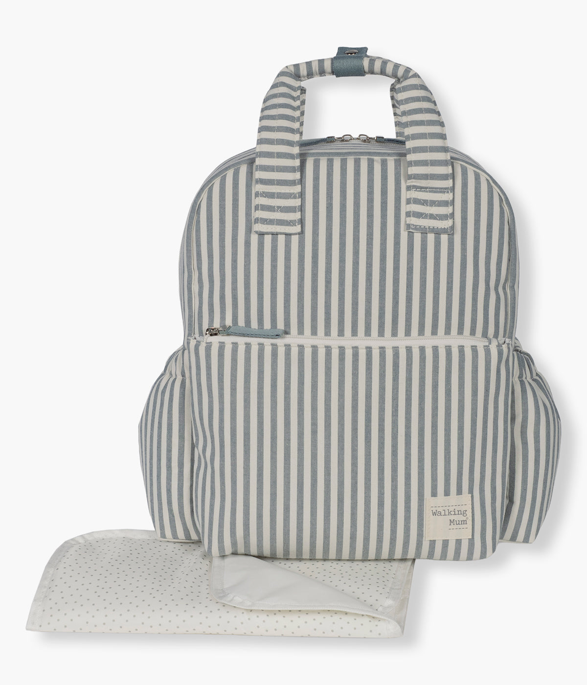 Vista de frente da Mochila de Maternidade Walking Mum Praliné Strips Matcha.