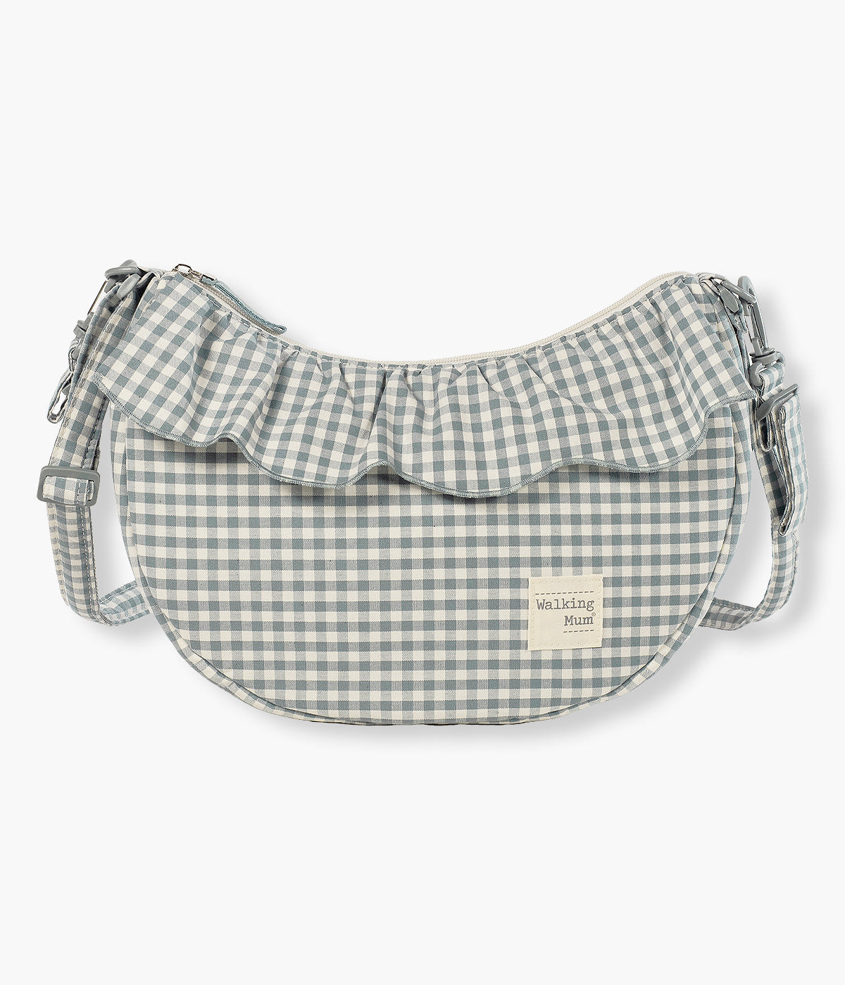 Vista de frente da bolsa de Passeio Gôndola Walking Mum Praliné Vichy Matcha. Compacta, leve e prática, esta bolsa de design curvo é ideal para passeios com o bebé. Inclui alça ajustável e alças universais para pendurar no carrinho, garantindo organização e estilo no dia a dia.