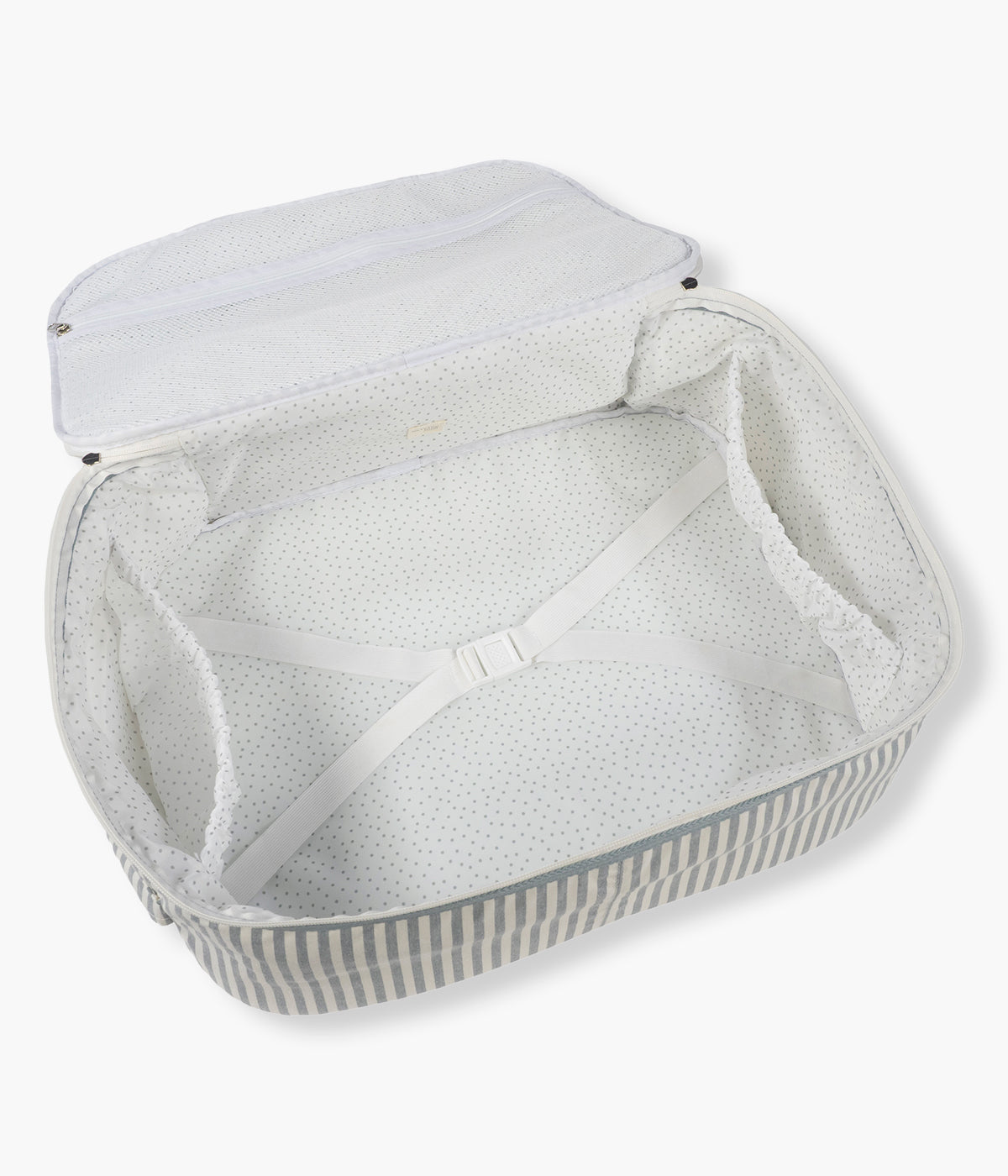 Mala Maternidade Retangular Walking Mum Praliné Strips Matcha vista de cima e aberta vazia.