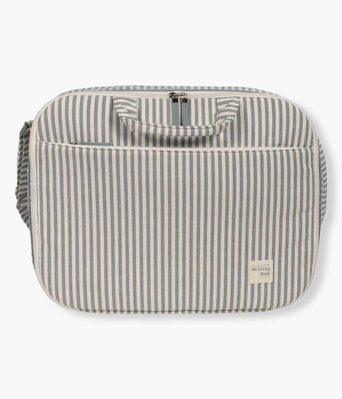 Mala Maternidade Retangular Walking Mum Praliné Strips Matcha vista de frente e fechada.