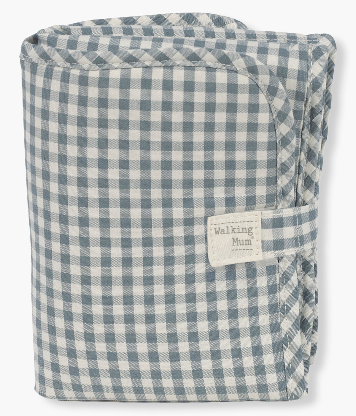 Vista em fechado do muda Fraldas Walking Mum Praliné Vichy Matcha. Prático, confortável e fácil de transportar. Dobrável e compacto, possui interior impermeável acolchoado, ideal para mudanças de fralda rápidas e higiénicas em qualquer lugar.