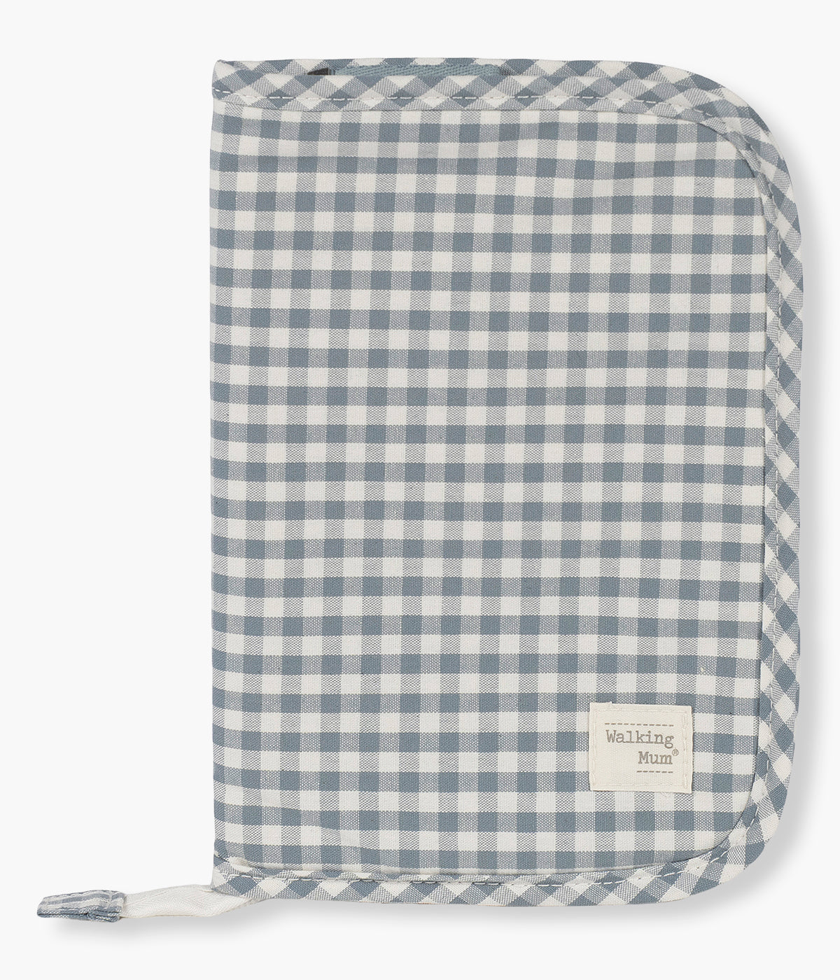 Vista de frente do porta documentos Walking Mum Praliné Vichy Matcha. Acessório perfeito para manter organizada toda a documentação do bebé. Com um exterior em algodão impermeável com elegante padrão vichy verde, este porta documentos é não só funcional, mas também muito elegante.