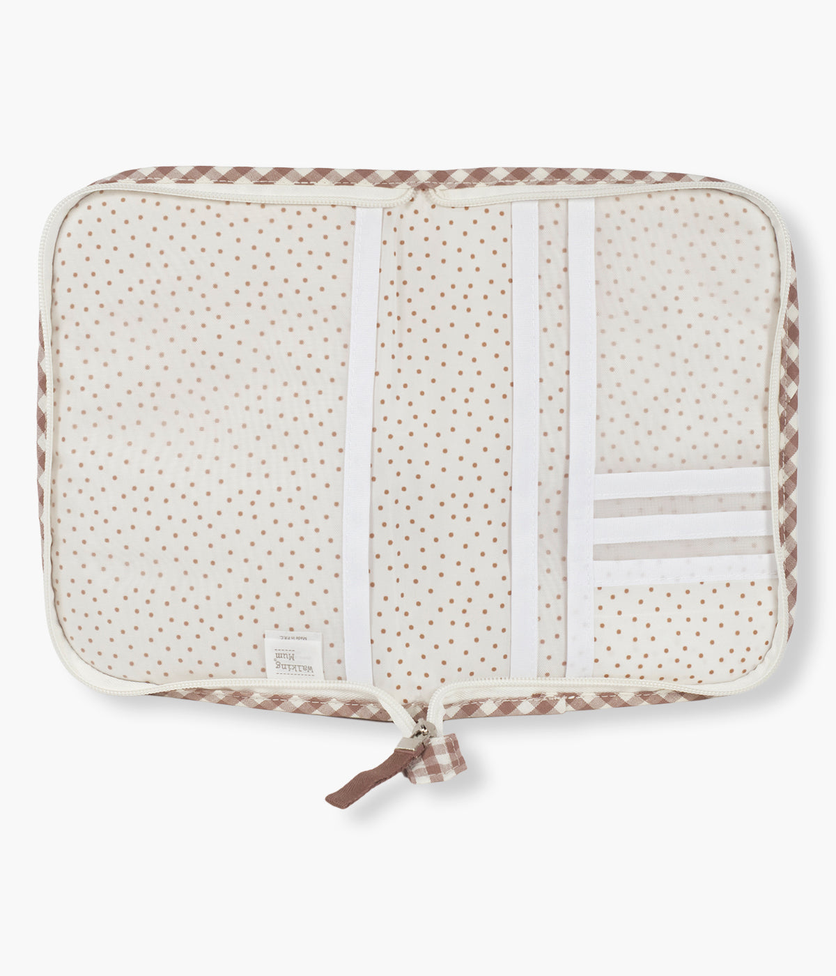 Porta Documentos Walking Mum Praliné Vichy Moka visto de frente e aberto.