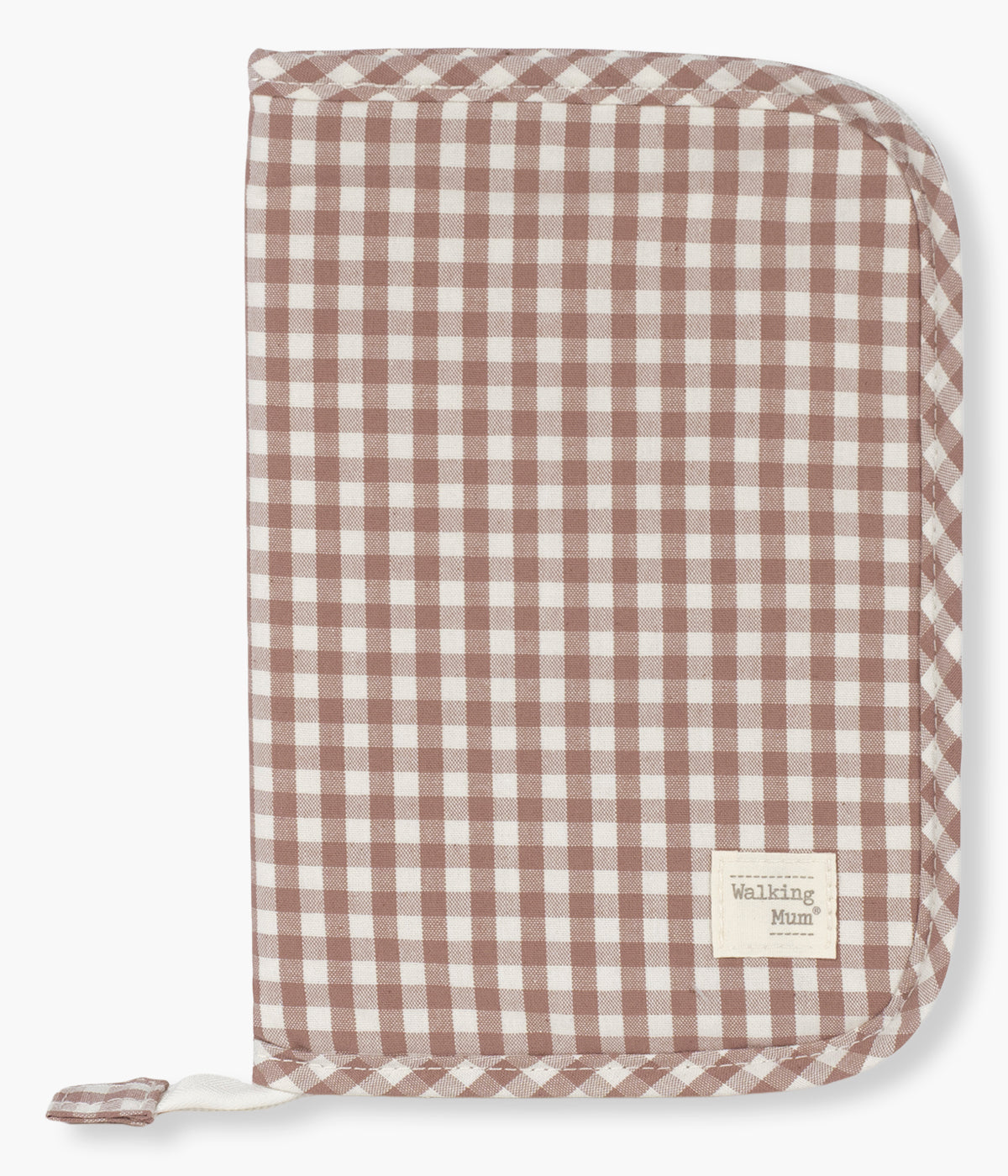 Porta Documentos Walking Mum Praliné Vichy Moka visto de frente e fechado.