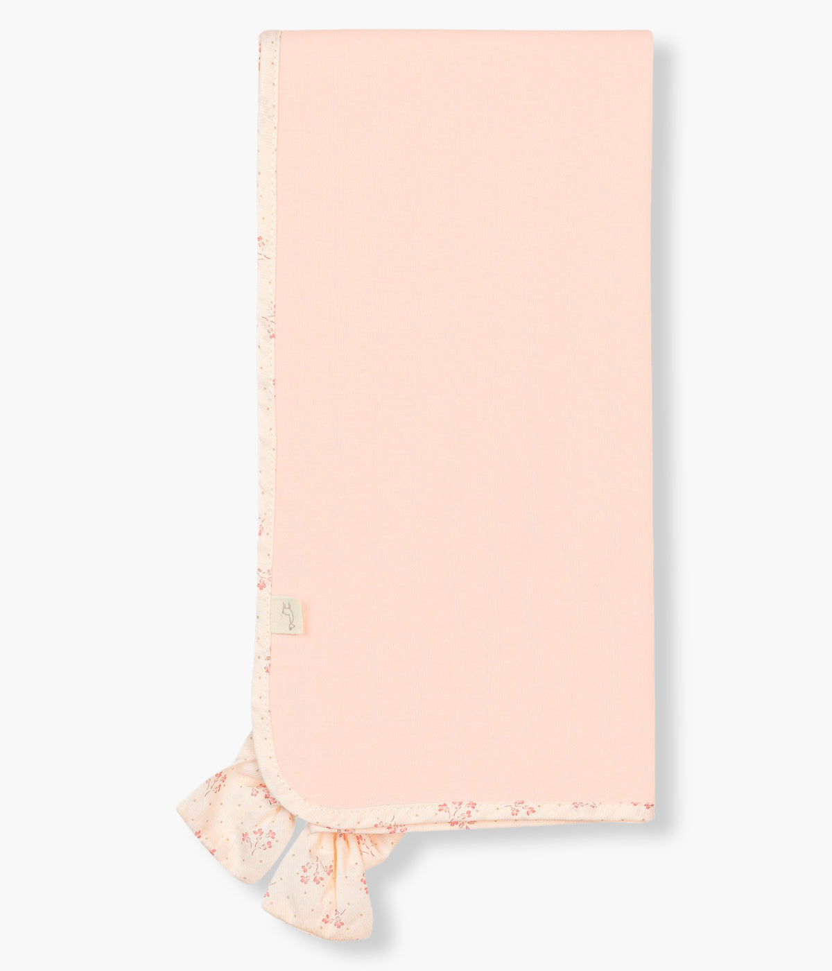 Vista traseira da fralda rosa da Baby Gi para bebé menina e recém-nascida, 100% algodão. Rebordo e laço no canto pérola com padrão pequenas flores.