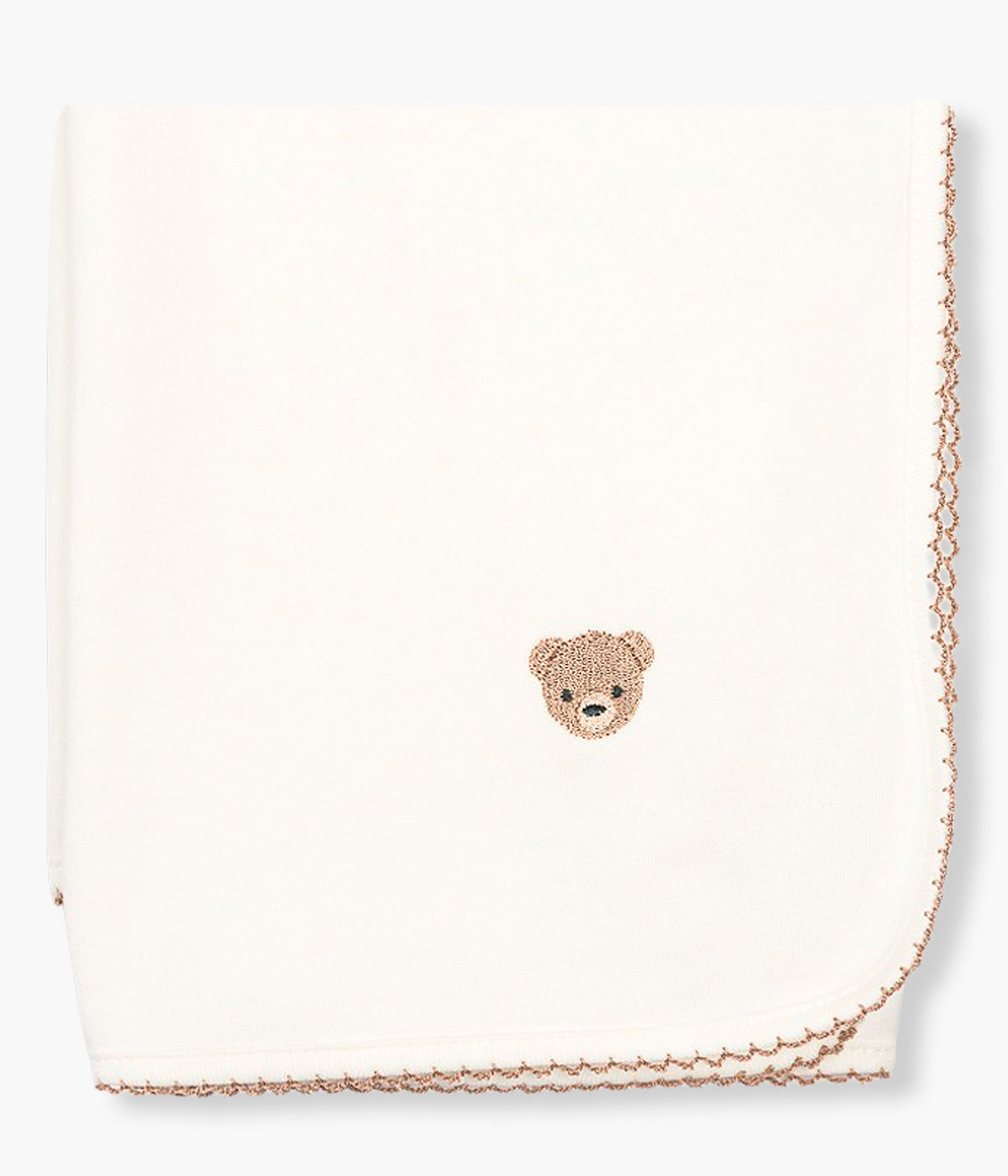 Vista frontal da fralda pérola da Baby Gi para bebé e recém-nascido(a), 100% algodão. Fofo focinho de urso bordado no canto em tons de castanho a combinar com a picueta a toda a volta.
