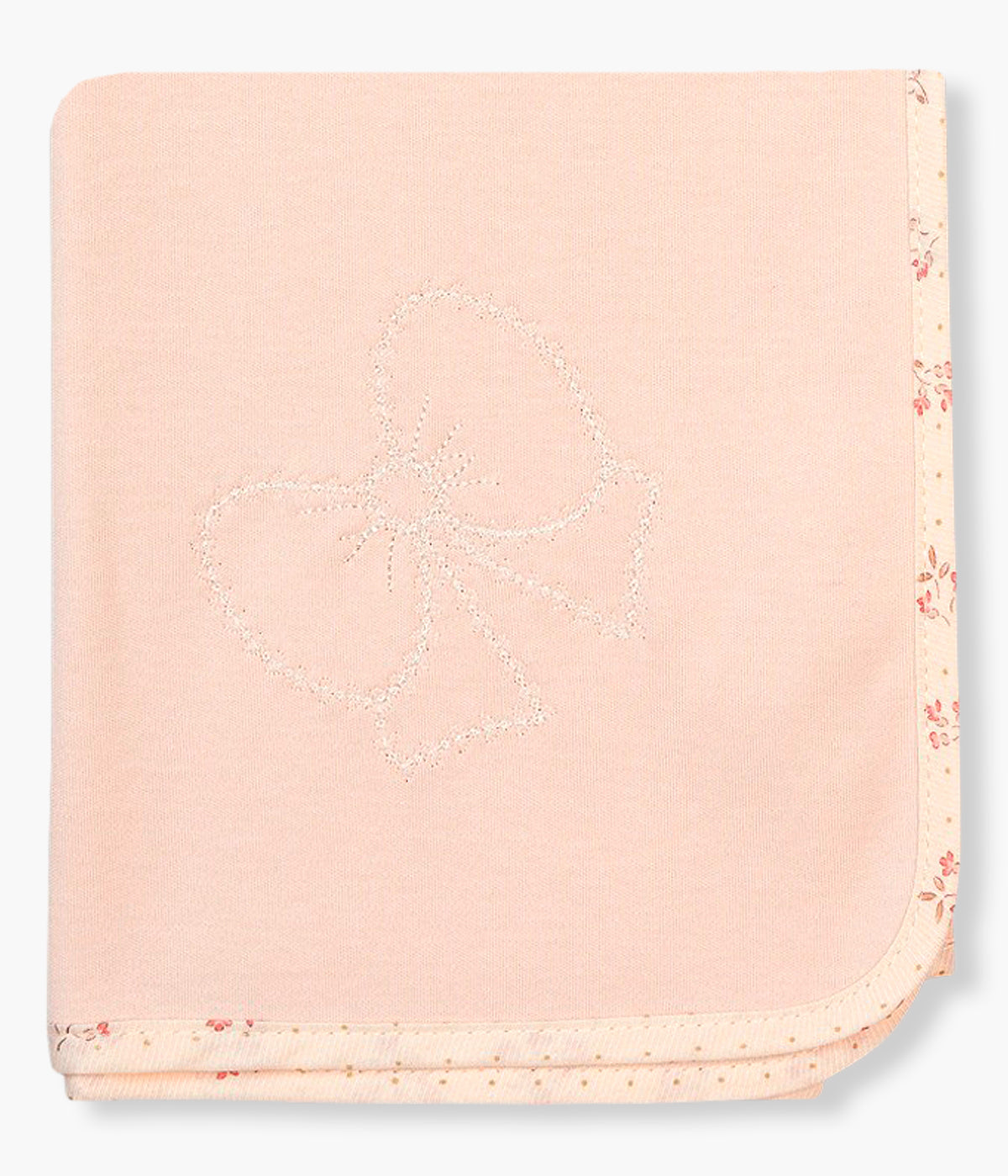 Vista frontal da fralda rosa da Baby Gi para bebé menina e recém-nascida, 100% algodão. Delicada fralda com rebordo com padrão pequenas flores e laço bordado no canto.