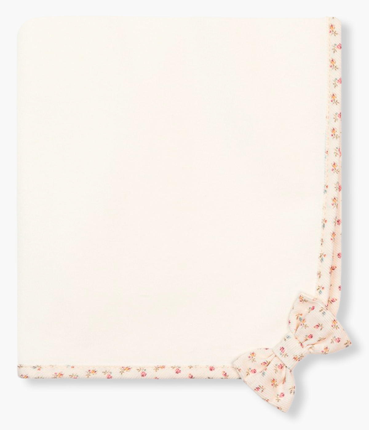 Vista frontal da fralda pérola da Baby Gi para bebé menina e recém-nascida, 100% algodão. Delicada fralda com laço e contorno com padrão floral.