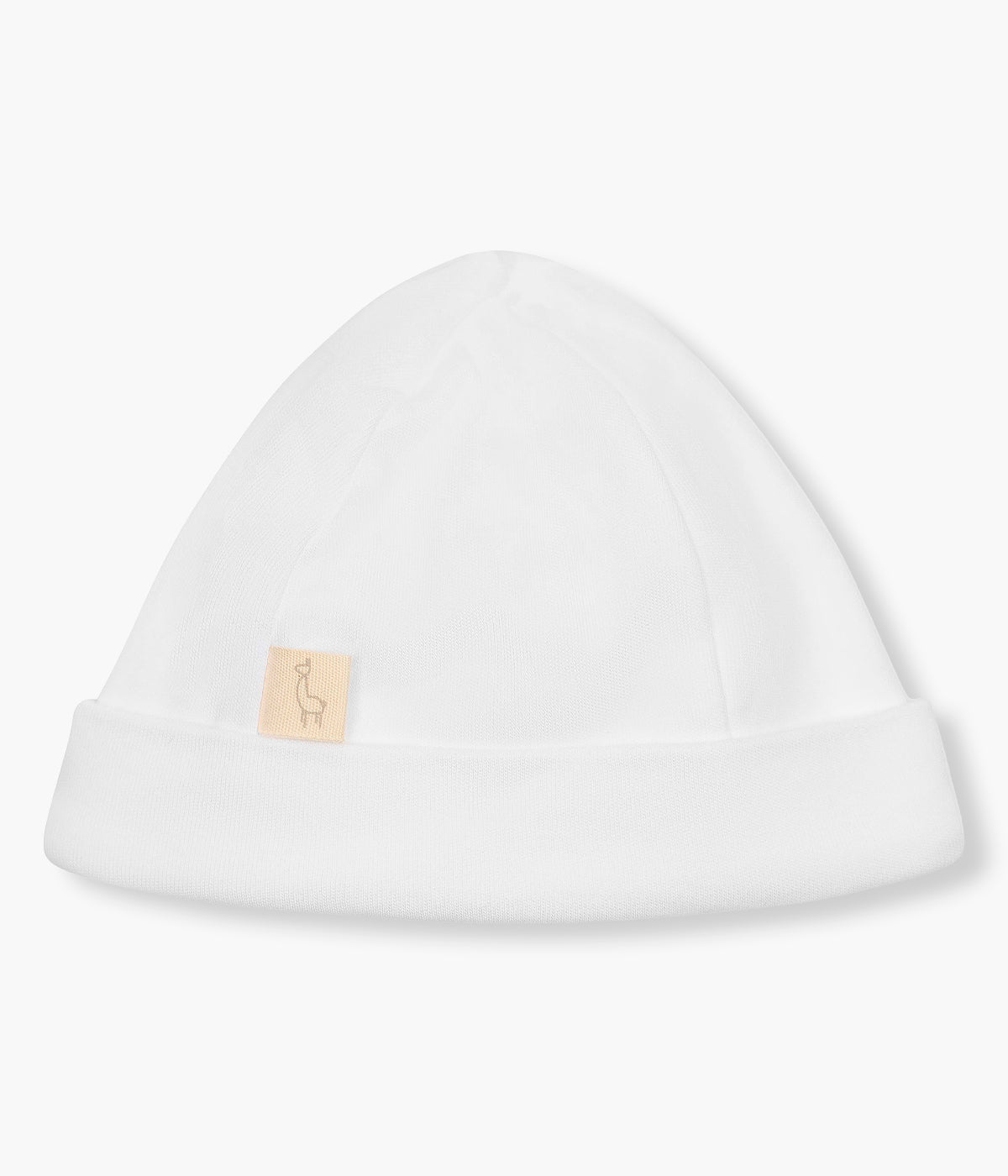 Vista traseira gorro em veludo branco da Baby Gi para bebé menina e recém-nascida. Quentinho gorro com forro em algodão sem costuras e dobra com cavalo de madeira bordado em tons de rosa.