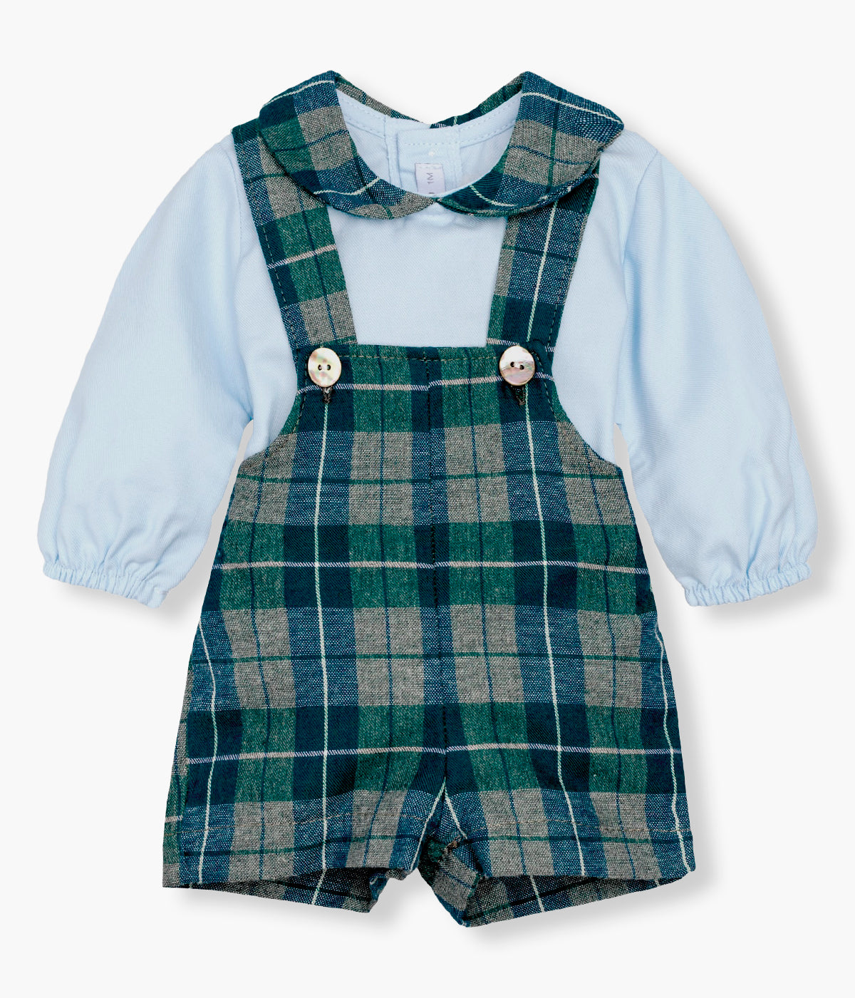 Vista frontal do conjunto composto por foto e body da Calamaro Baby para bebé e recém-nascido(a). Fofo de alças com padrão xadrez em tons de verde e cinza. Body azul com gola redonda cortada combinar com o fofo. Fofo de abertura nas alças e body de abertura nas costas.