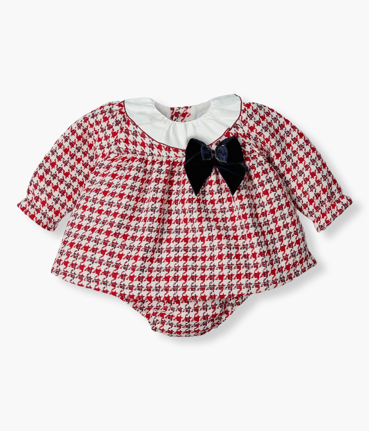 Vestido com tapa fraldas da Mac Ilusión para bebé menina e recém-nascida. Elegante vestido com padrão pied-de-poule vermelho e branco a combinar com o tapa fraldas, gola folho branca e laço azul-marinho com contornos em dourado. Vestido com forro em algodão.