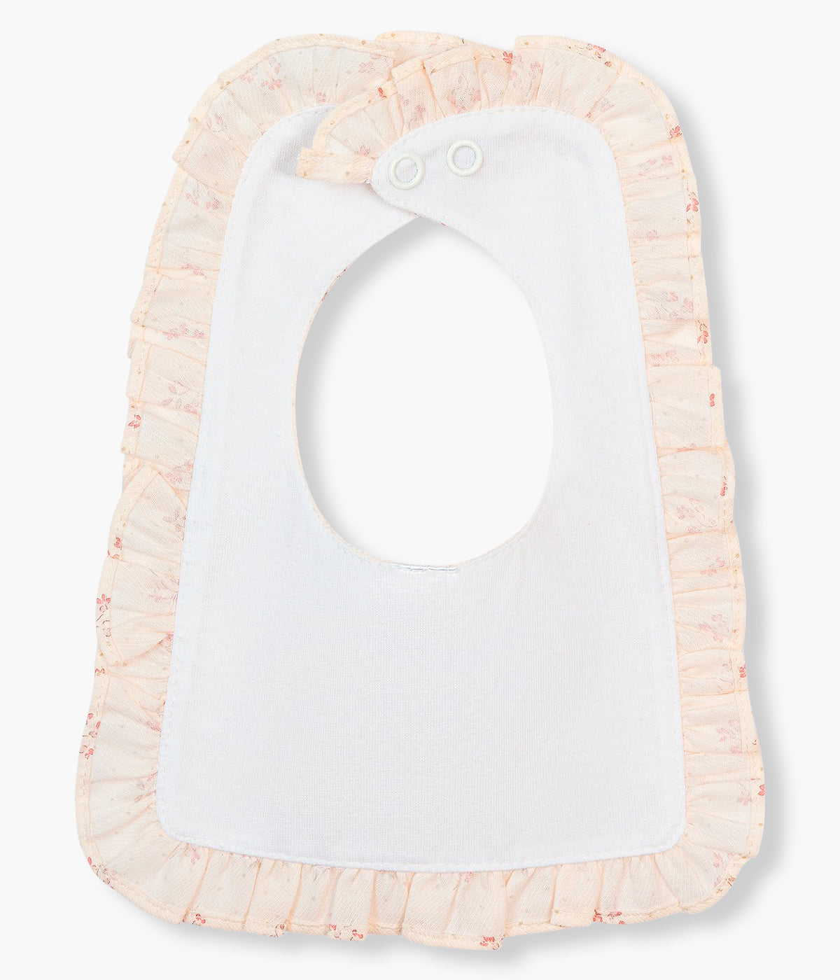 Vista traseira da babete pérola da Baby Gi para bebé menina e recém-nascida, 100% algodão. Elegante babete de formato quadrado com padrão de pequenas flores e folho a toda a volta.