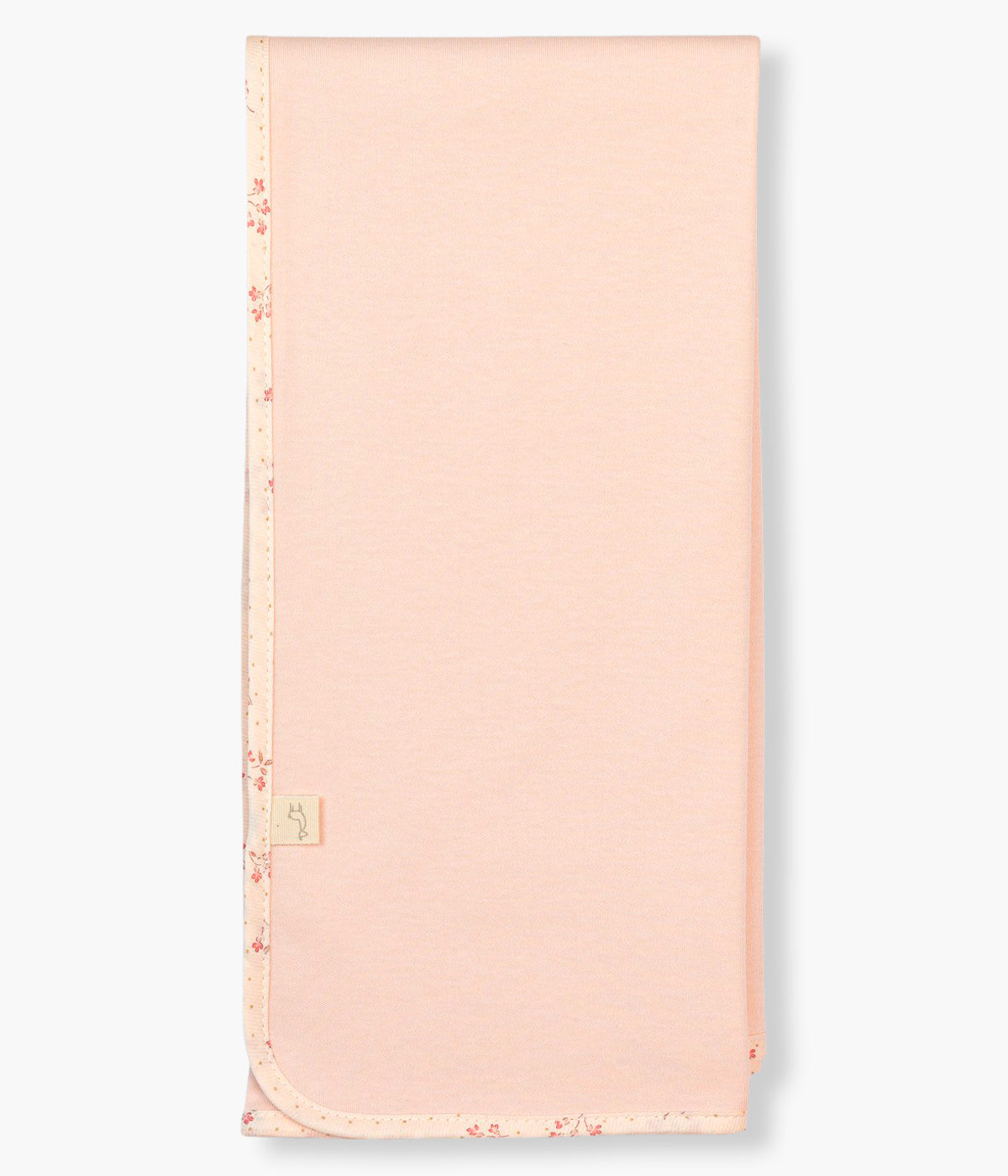 Vista traseira da fralda rosa da Baby Gi para bebé menina e recém-nascida, 100% algodão. Delicada fralda com rebordo com padrão pequenas flores e laço bordado no canto.