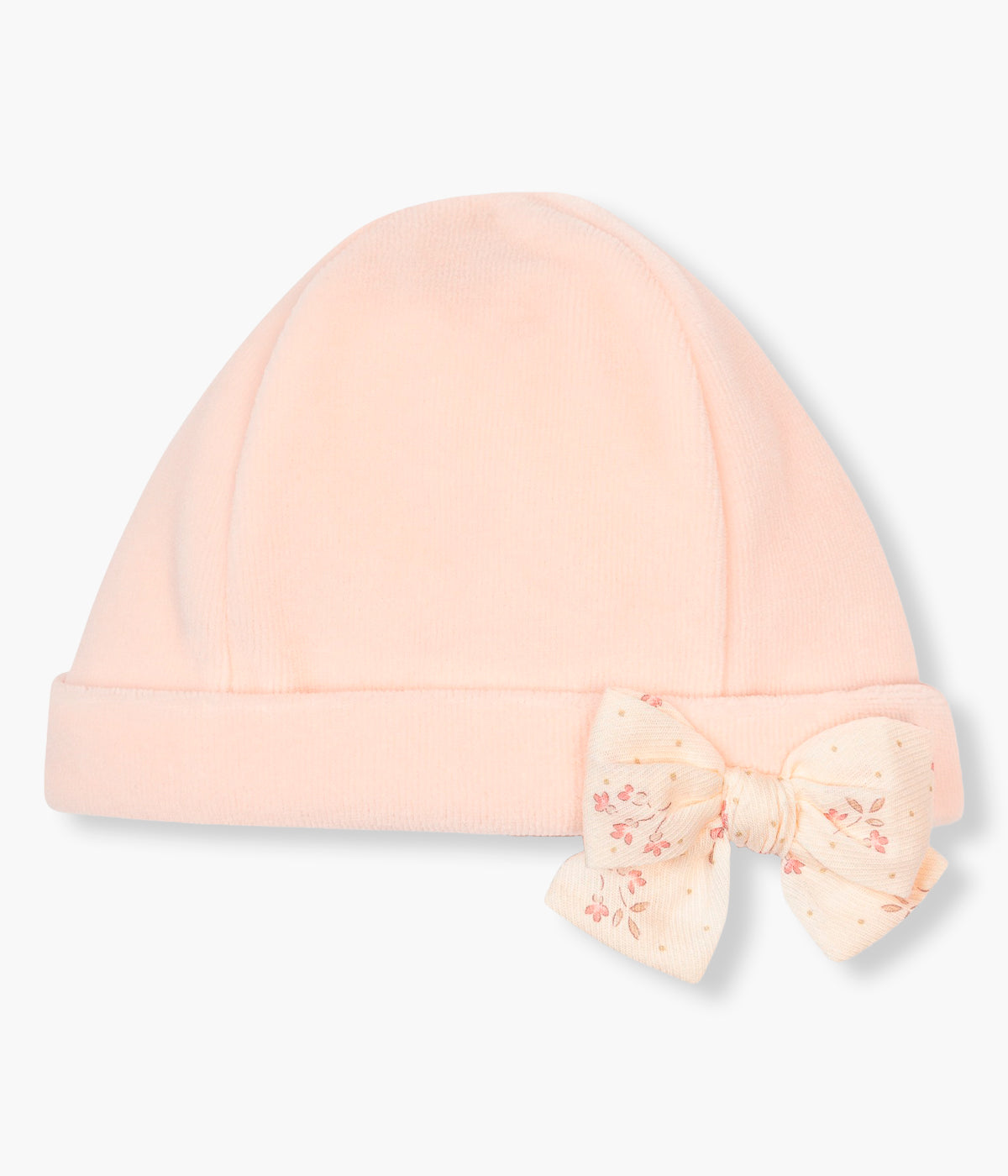 Gorro em veludo rosa da Baby Gi para bebé menina e recém-nascida. Laço pérola com pequenas flores na dobra.&nbsp;Forro em algodão sem costuras.