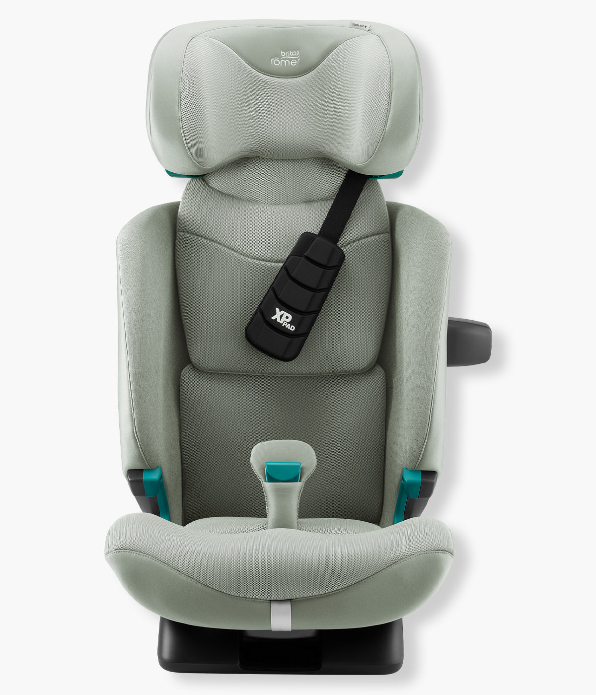 Vista frontal da cadeira auto evolutiva Advansafix Style da Britax Römer na cor Sage Green. Prática cadeira auto desenvolvida para acompanhar a criança durante vários anos, dos 76 aos 150 cm, aproximadamente dos 15 meses aos 12 anos. 