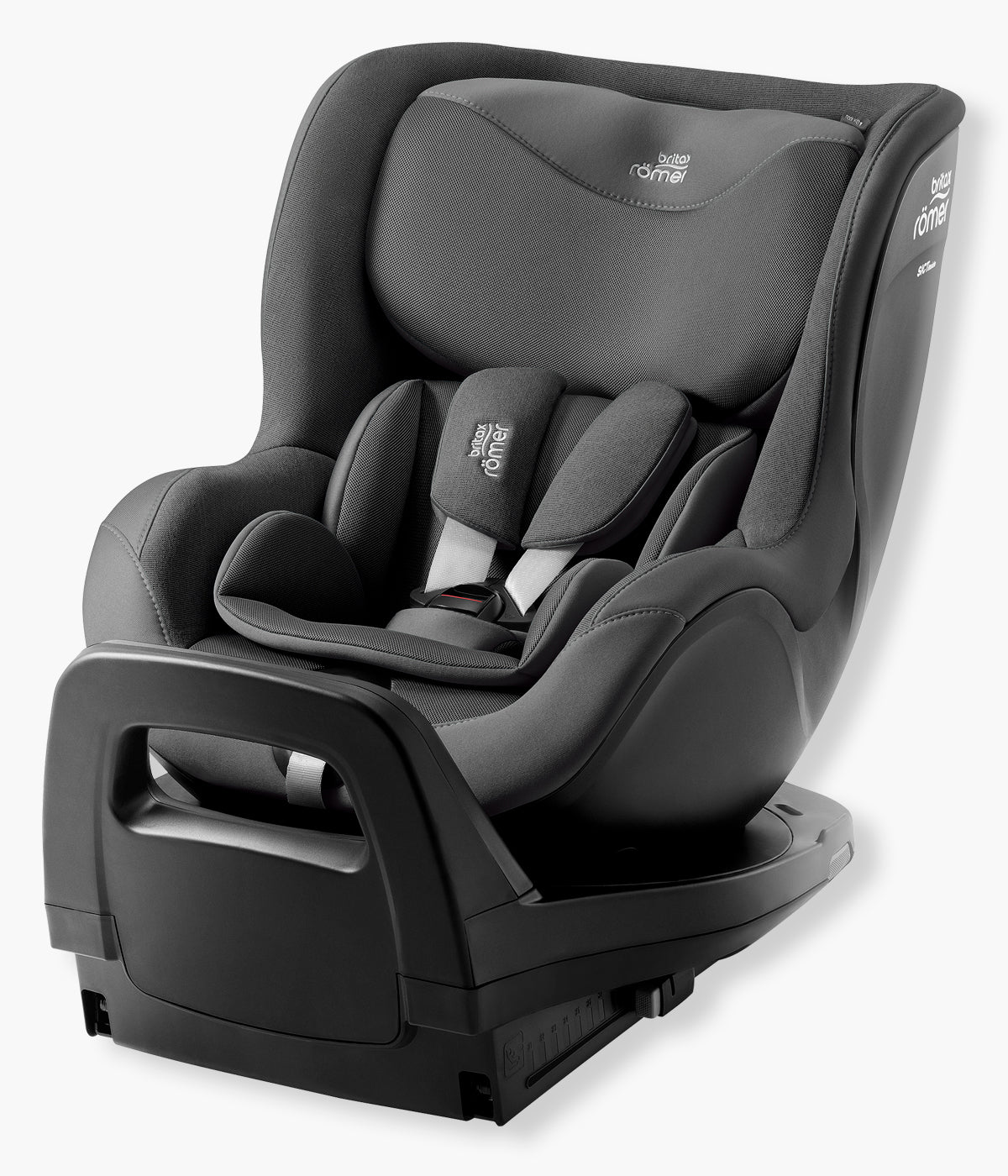 Vista lateral da cadeira auto rotativa i-Size Dualfix Pro M Style da marca Britax Römer na cor Mineral Grey. Prática cadeira auto desenvolvida para acompanhar a criança aproximadamente dos 3 meses aos 4 anos, dos 61 aos 105 cm e até 19 kg. 