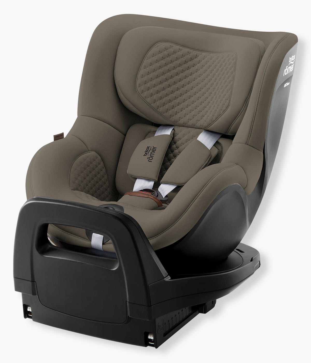 Vista lateral da cadeira auto rotativa Dualfix Pro Style da Britax Römer na cor Urban Olive. Elegante cadeira que acompanha o bebé desde o nascimento até aproximadamente aos 4 anos, dos 40 aos 105 cm e até 19 kg.