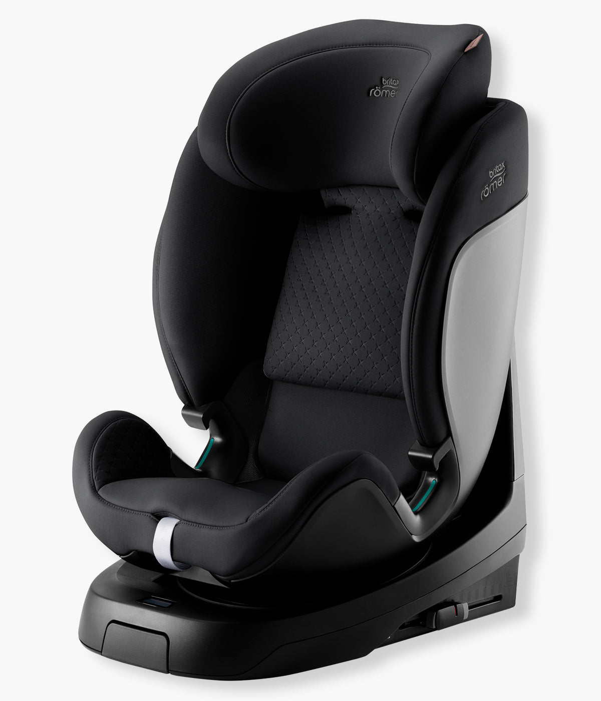 Vista lateral da cadeira auto evolutiva Swivel-Grow Max Air Lux da Britax Römer na cor Onyx Back. Premium cadeira auto desenvolvida para acompanhar a criança desde o nascimento até aproximadamente aos 7 anos, dos 40 aos 125 cm. 