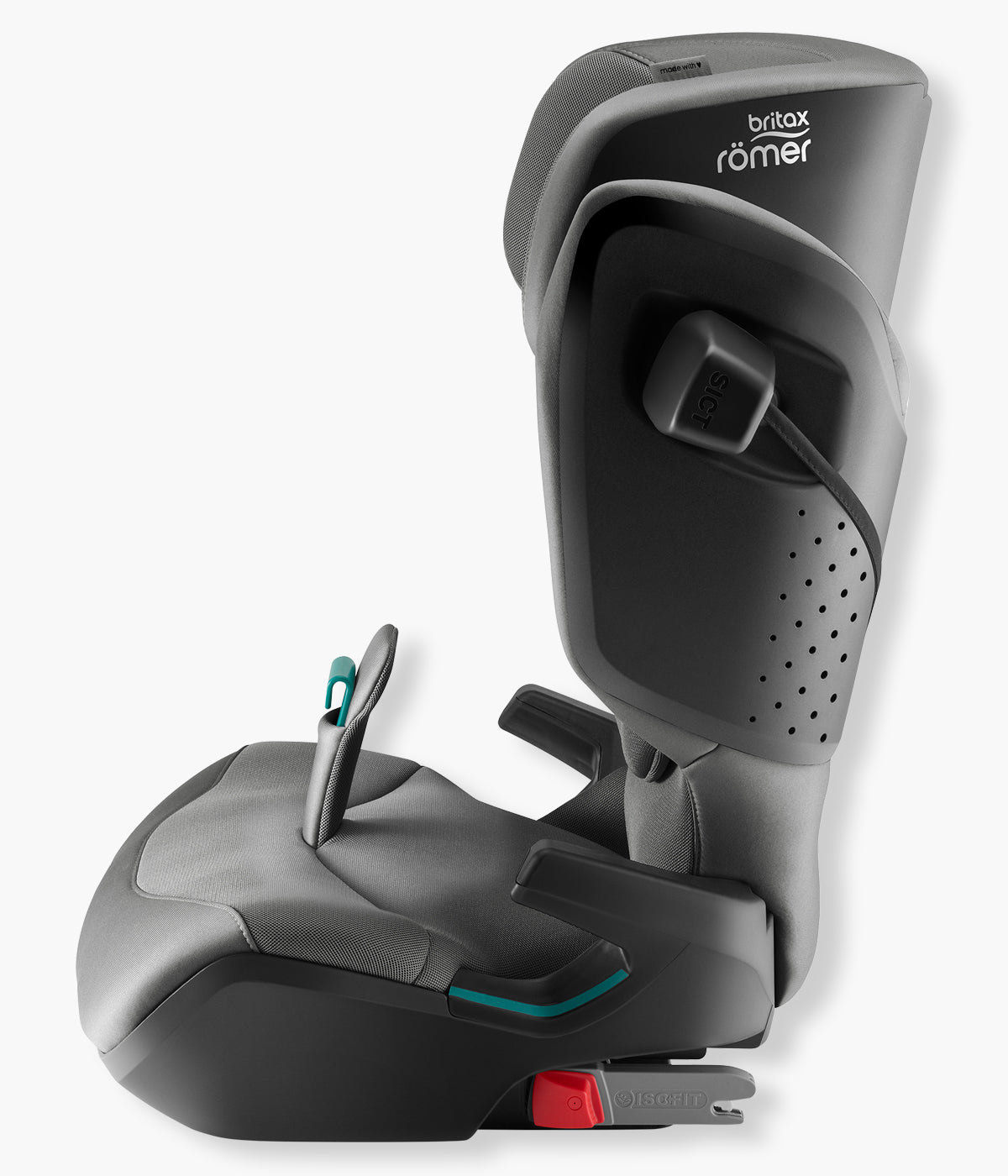 Vista lateral da cadeira auto elevatória Kidfix Pro Style da Britax Römer na cor Mineral Grey. Prática cadeira auto i-Size desenvolvida para acompanhar a criança dos 100 aos 150 cm, aproximadamente dos 3,5 aos 12 anos.