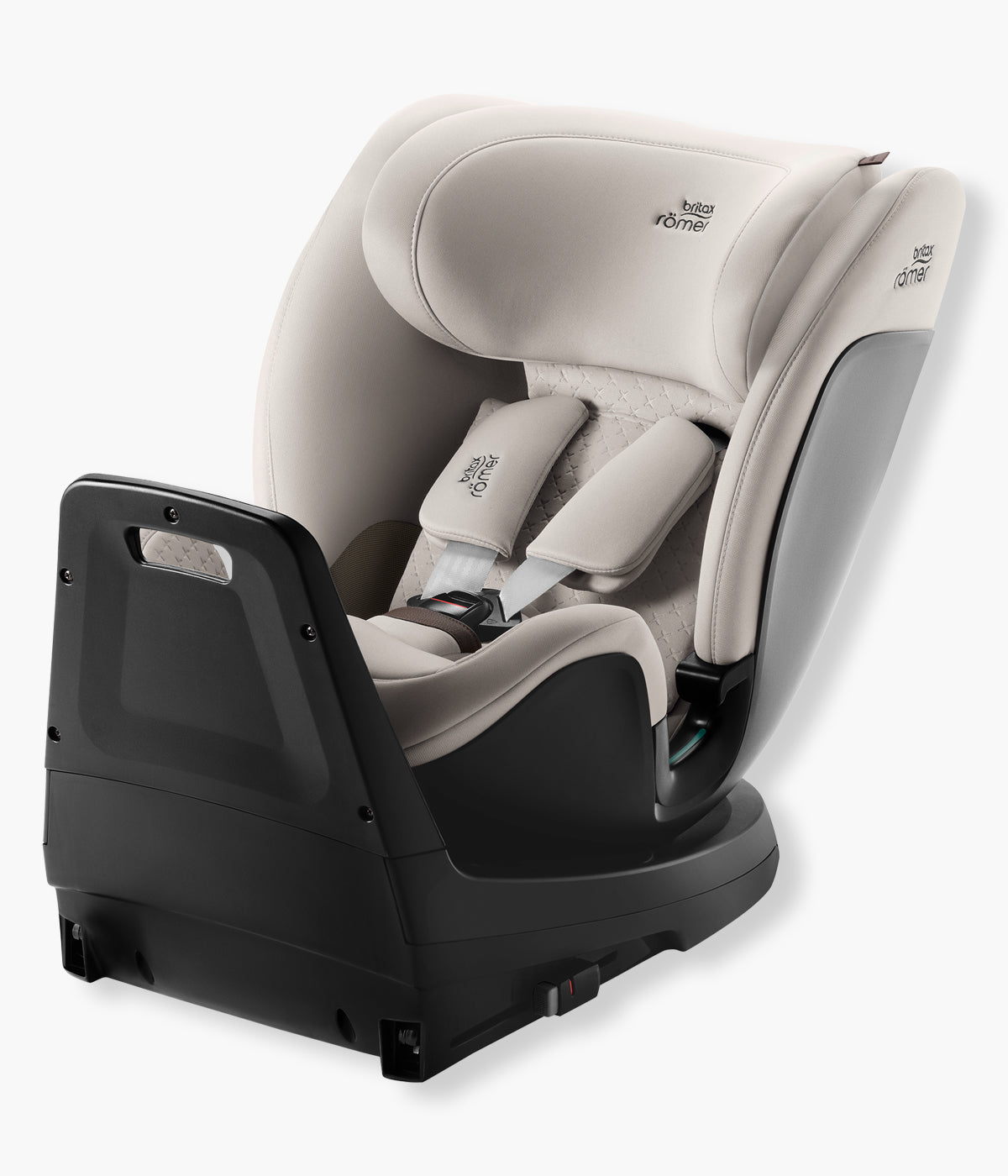 Vista lateral da cadeira auto evolutiva Swivel-Grow Max Air Lux da Britax Römer na cor Soft Taupe Elegante cadeira auto desenvolvida para acompanhar a criança desde o nascimento até aproximadamente aos 7 anos, dos 40 aos 125 cm.