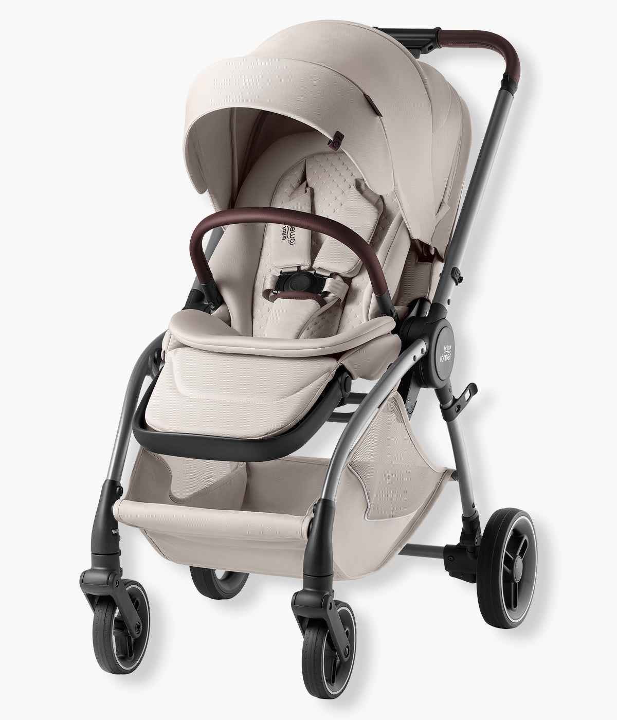 Vista lateral do carrinho de passeio Rio Lux da marca Britax Römer na cor Soft Taupe. Prático carrinho de passeio concebido para acompanhar a criança desde o nascimento até aproximadamente aos 4 anos ou 22 kg.