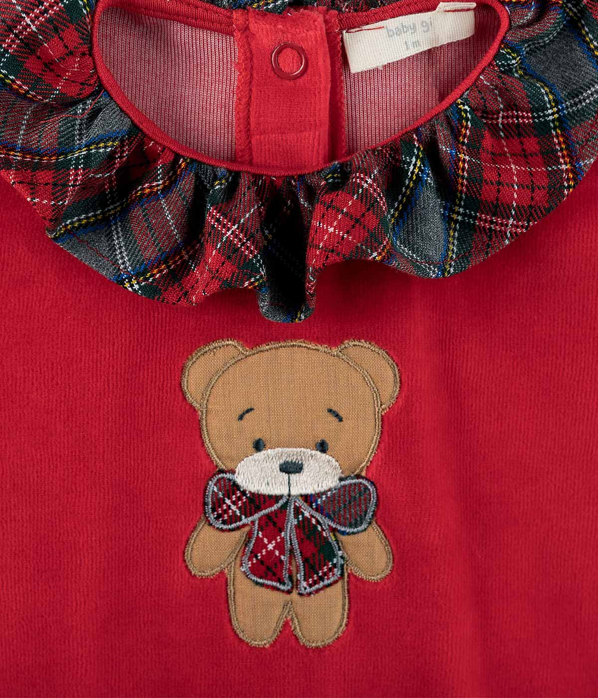 Babygrow em Veludo para Bebé Urso Xadrez - Vermelho