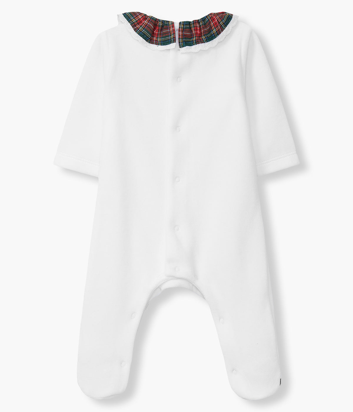 Babygrow Veludo Gola Folho com Xadrez para Bebé - Branco