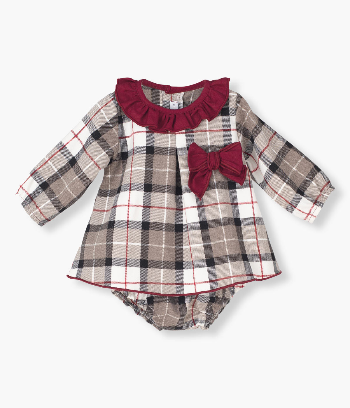 Vestido e Tapa Fraldas Bebé Menina Xadrez 2pc - Bege e Bordô