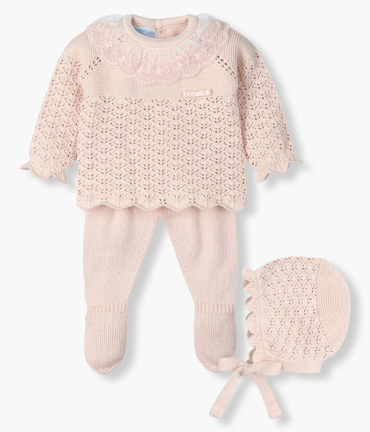 Conjunto de Malha com Gola Renda Bebé Menina 3pc - Nude