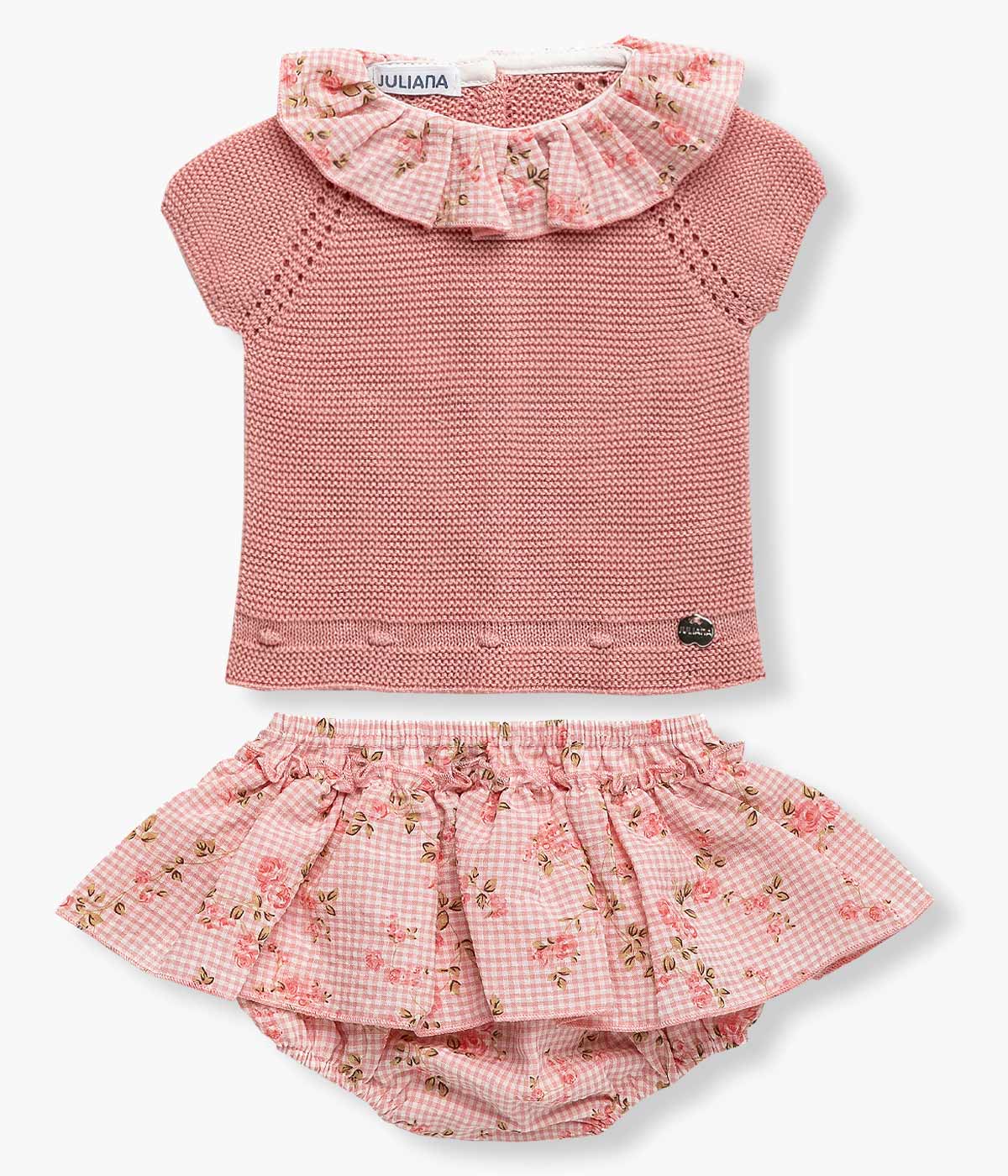 Conjunto com Gola Bebé Menina Vichy Floral 2pc - Salmão