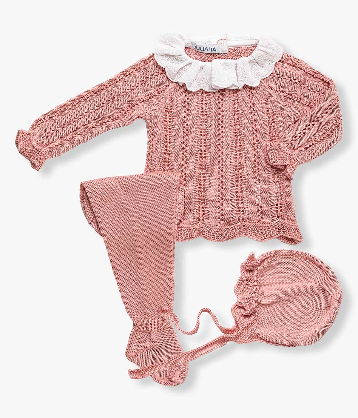 Conjunto de Malha Gola Folho para Bebé Menina 3pc - Rosa Velho