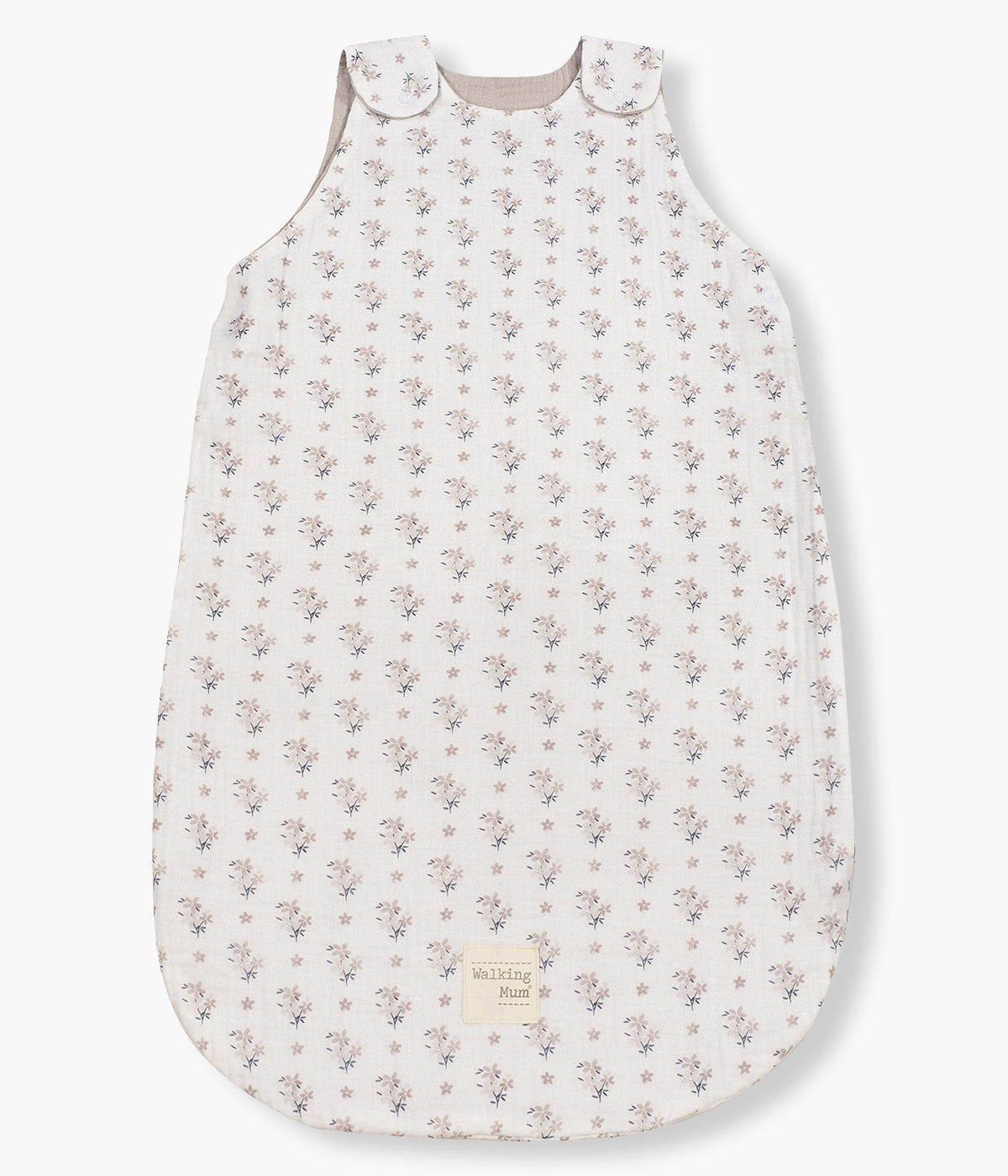 Saco de dormir para bebé menina Walking Mum Botton Flowers branco com padrão floral. Este leve e respirável saco de dormir de vestir em musselina possui um indice TOG 0.5.