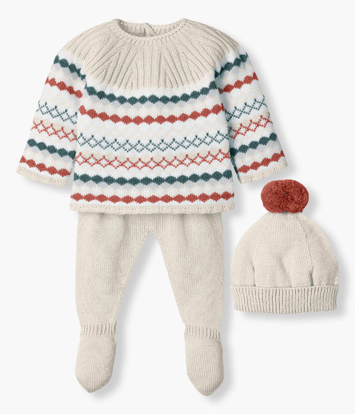 Conjunto de 3 peças em malha pérola da Mac Ilusión composto por camisola com padrão geométrico em tons de verde e tijolo, calças com pés e gorro com pompom para bebé e recém-nascido(a).