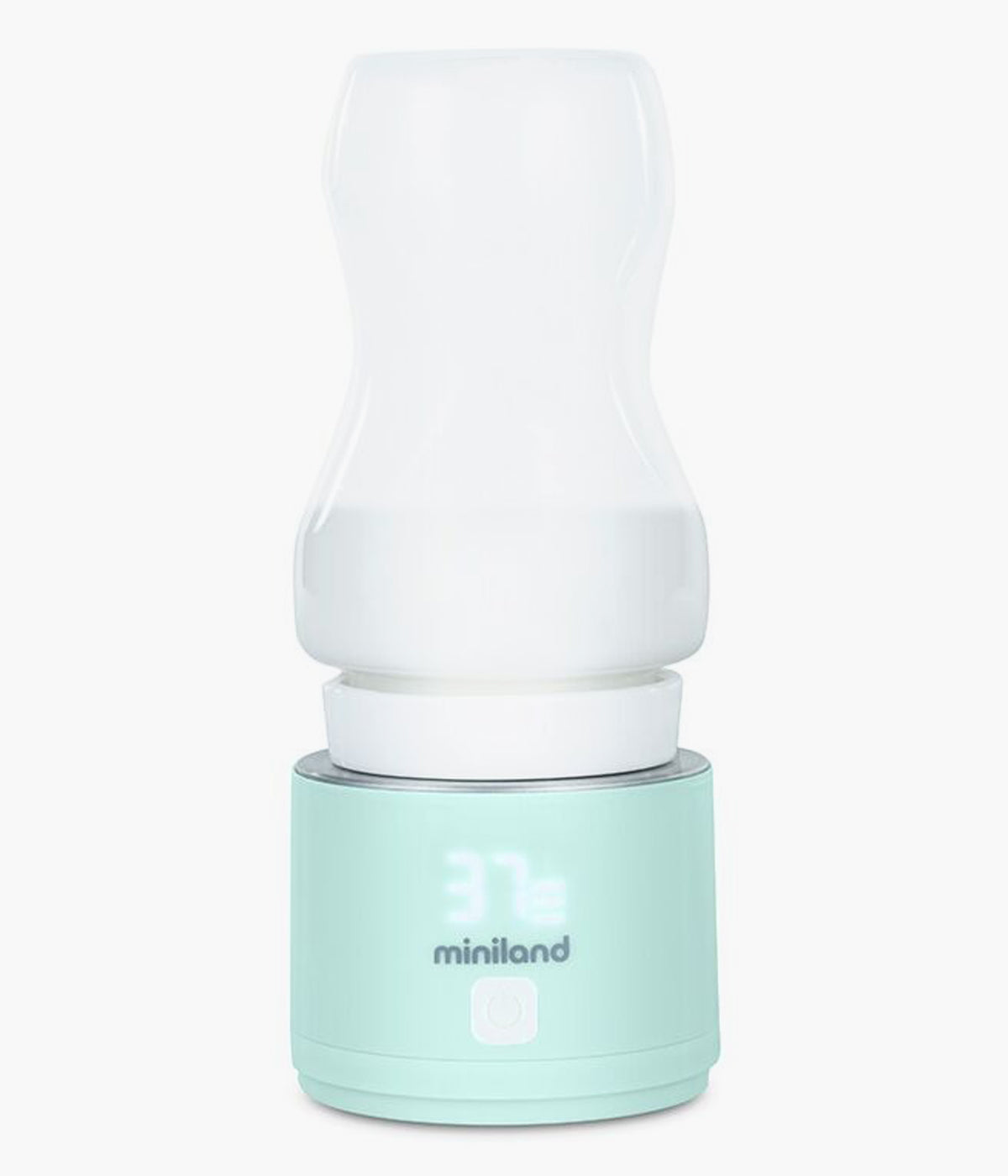 Aquecedor de biberões portátil Warmy On The Go da Miniland. Compatível com a maioria das marcas de biberões, este dispositivo aquece leite materno ou fórmula em cerca de 3 minutos, mantendo uma temperatura uniforme sem comprometer os nutrientes.