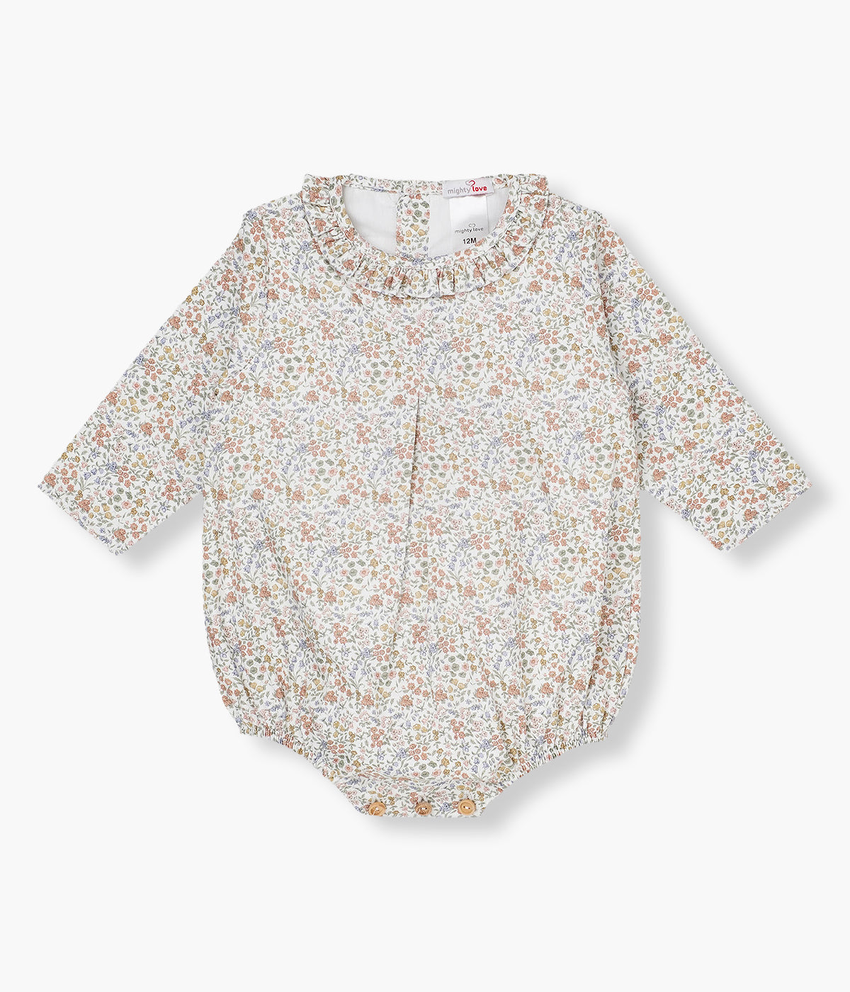Fofo de manga comprida em algodão com forro da Mighty Love para bebé menina e recém-nascida. Elegante fofo duplo com padrão floral em fundo branco com pequena gola folho. Abertura nas costas e entrepernas.