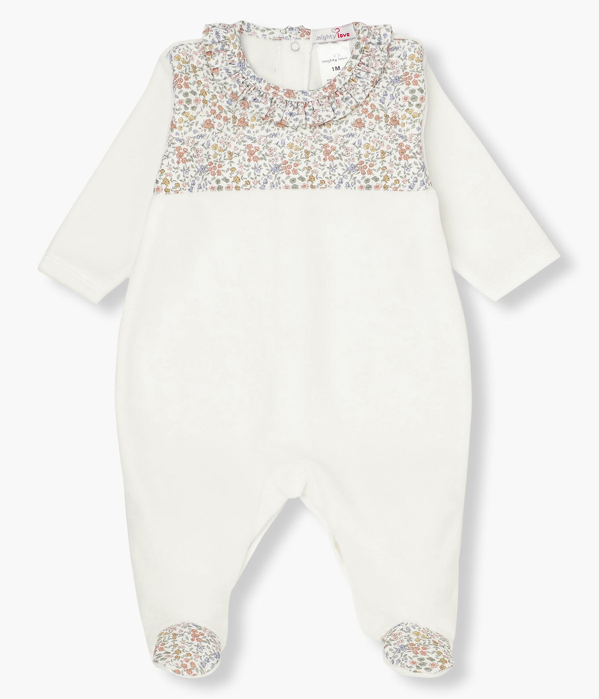 Babygrow em veludo pérola da Mighty Love para bebé menina e recém-nascida. Gola redonda cortada e tule com padrão animais. Abertura com molas de pressão nas costas e entrepernas.