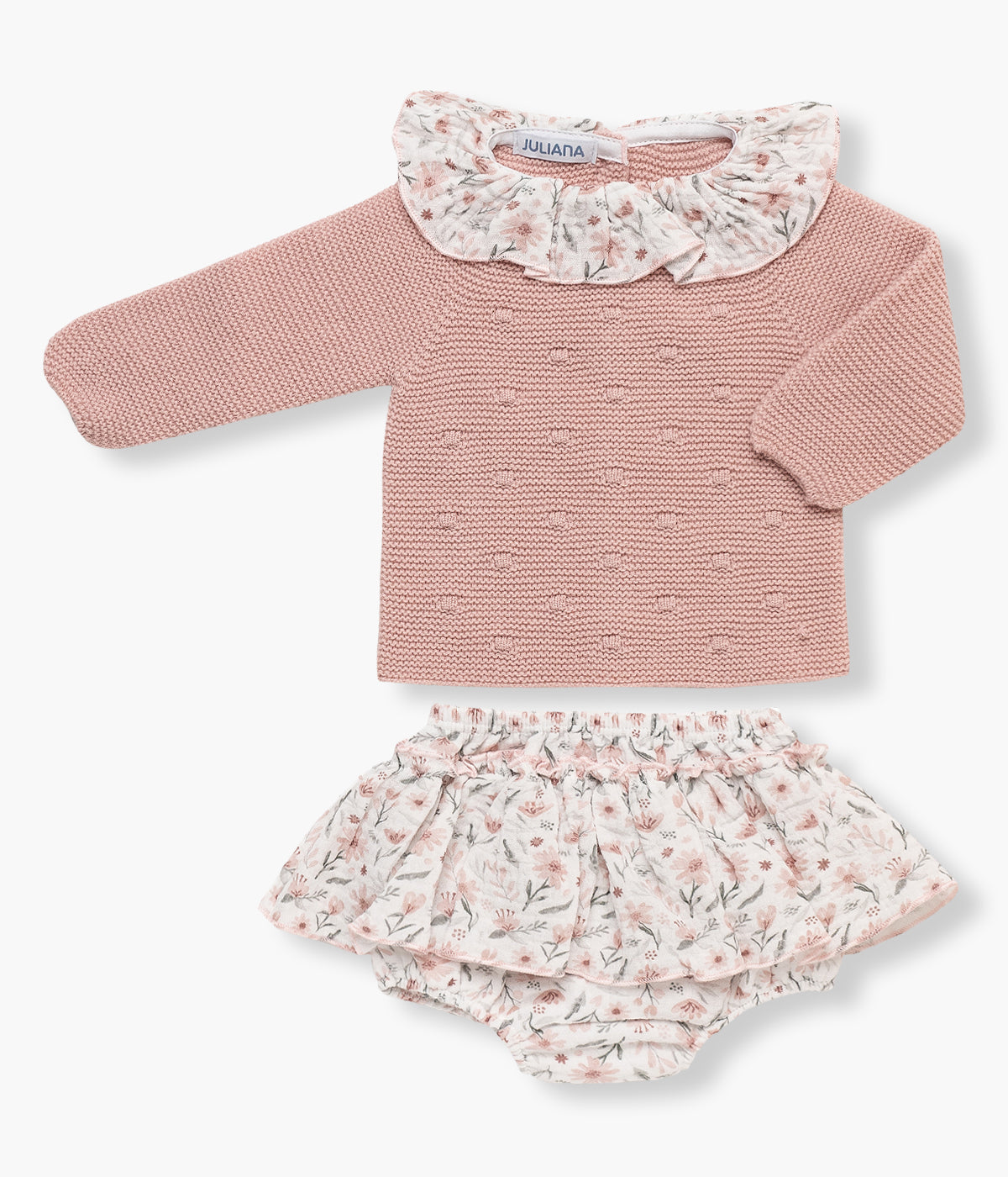 Conjunto da Juliana para bebé menina e recém-nascida. Camisola de malha com lã merino com gola folho branca com padrão floral. Tapa fraldas em algodão com folho com padrão a combinar com a gola da camisola.
