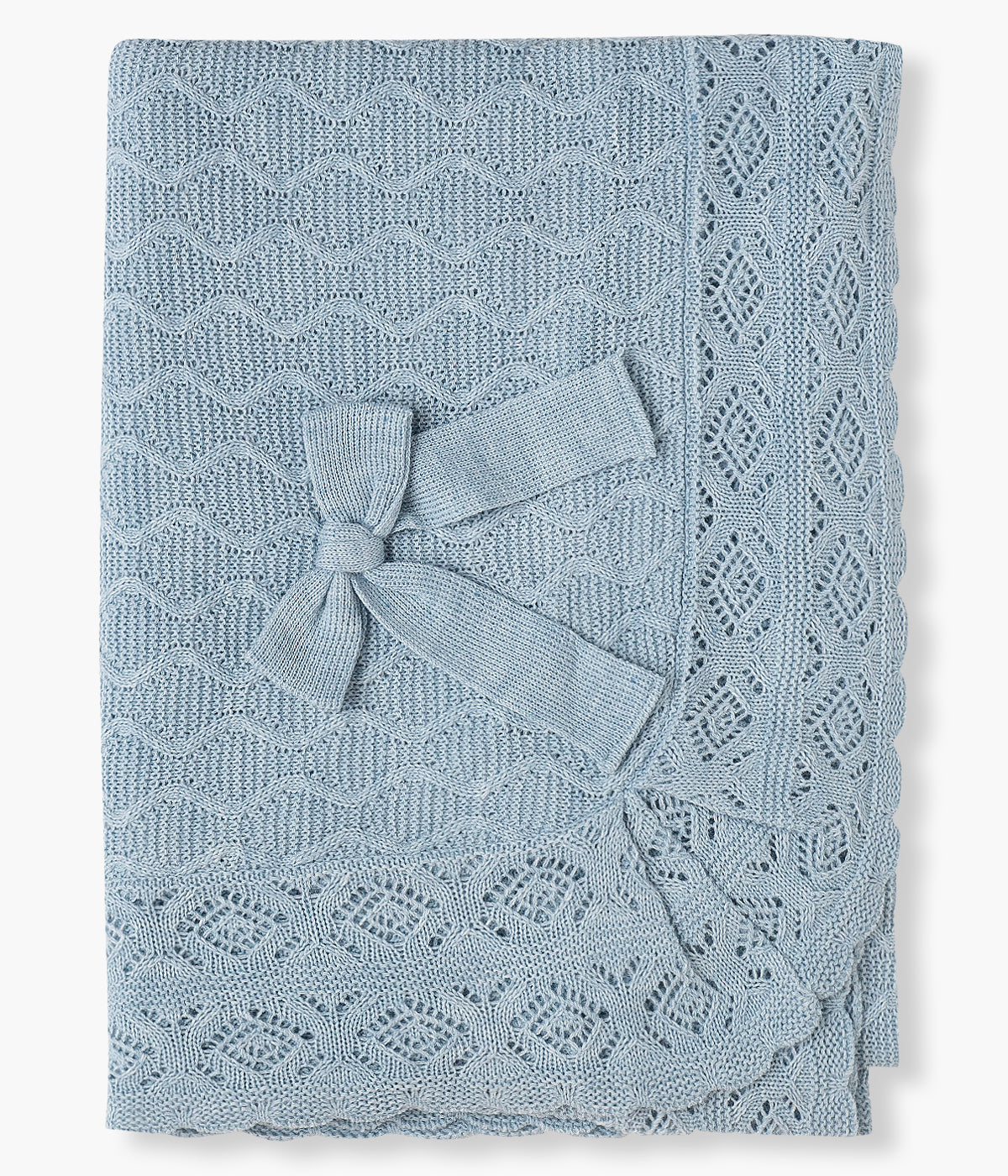 Manta de malha azul da Juliana para bebé e recém-nascido(a). Malha com detalhes perfurados, rebordo ondulado e laço no canto.