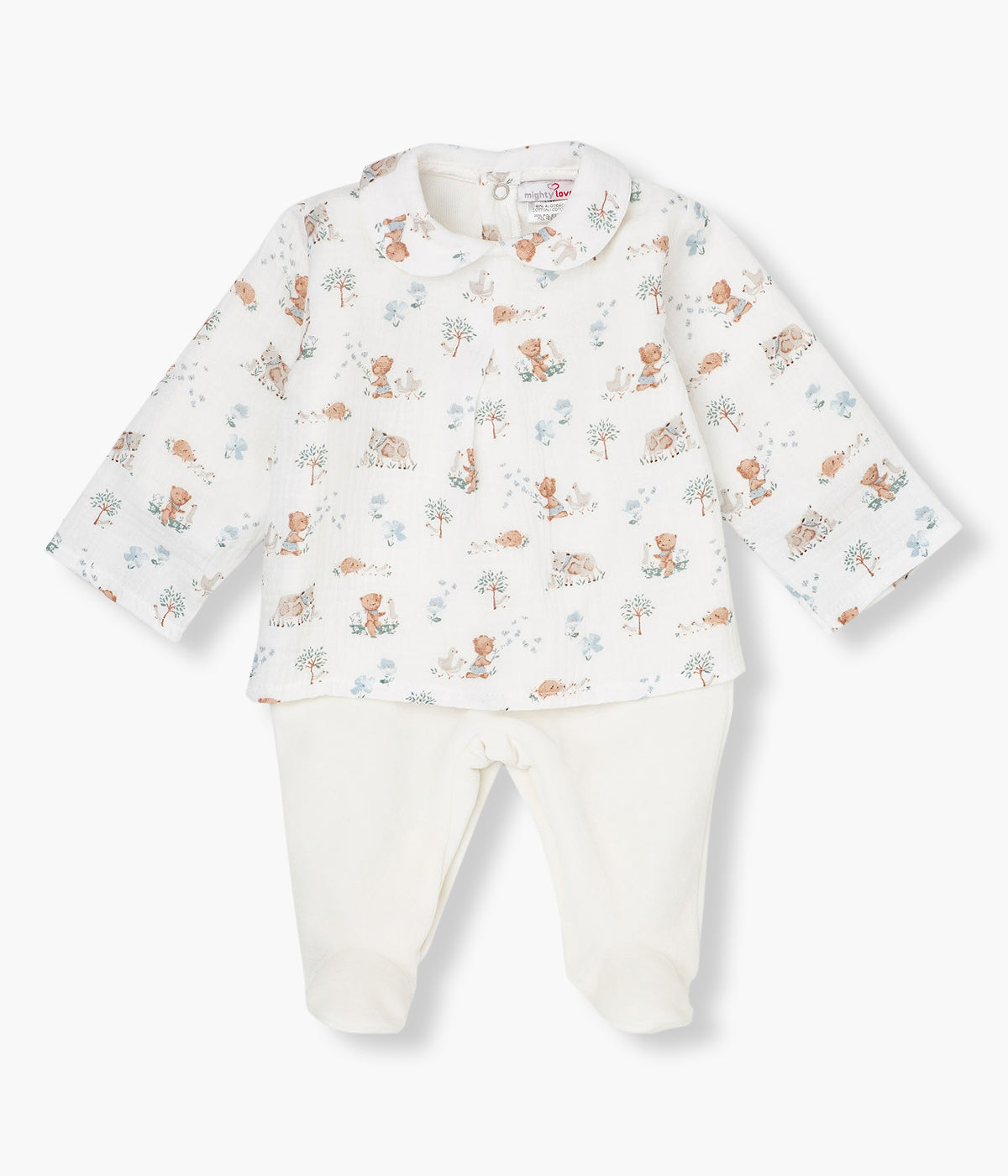 Babygrow em veludo pérola da Mighty Love para bebé menina e recém-nascida. Gola redonda cortada e tule com padrão animais.