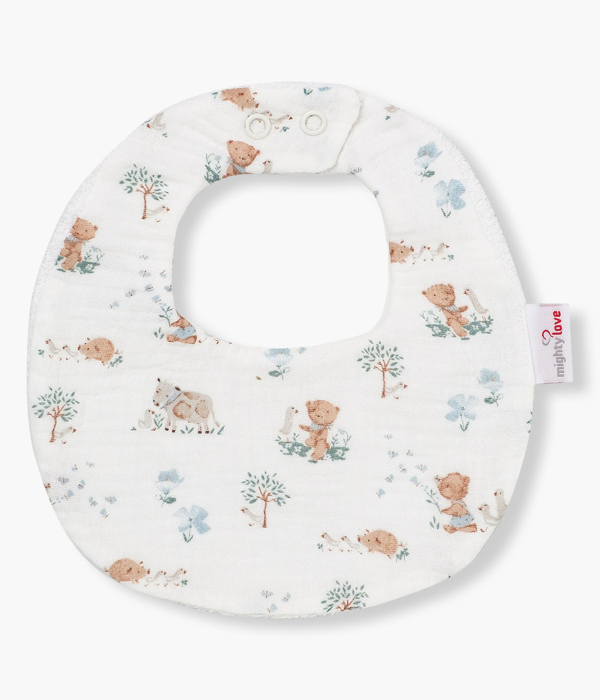 Babete impermeável branca da Mighty Love para bebé e recém-nascido(a), 100% algodão. Elegante babete com padrão animais e tecido turco na parte traseira.