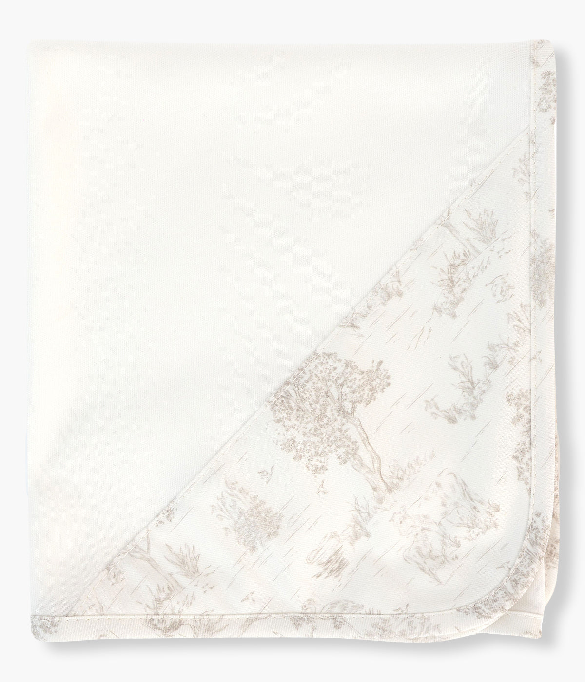 Fralda pérola da Baby Gi para bebé e recém-nascido(a), 100% algodão. Detalhe no canto e rebordo a toda a volta com padrão toile de jouy em tons de castanho.