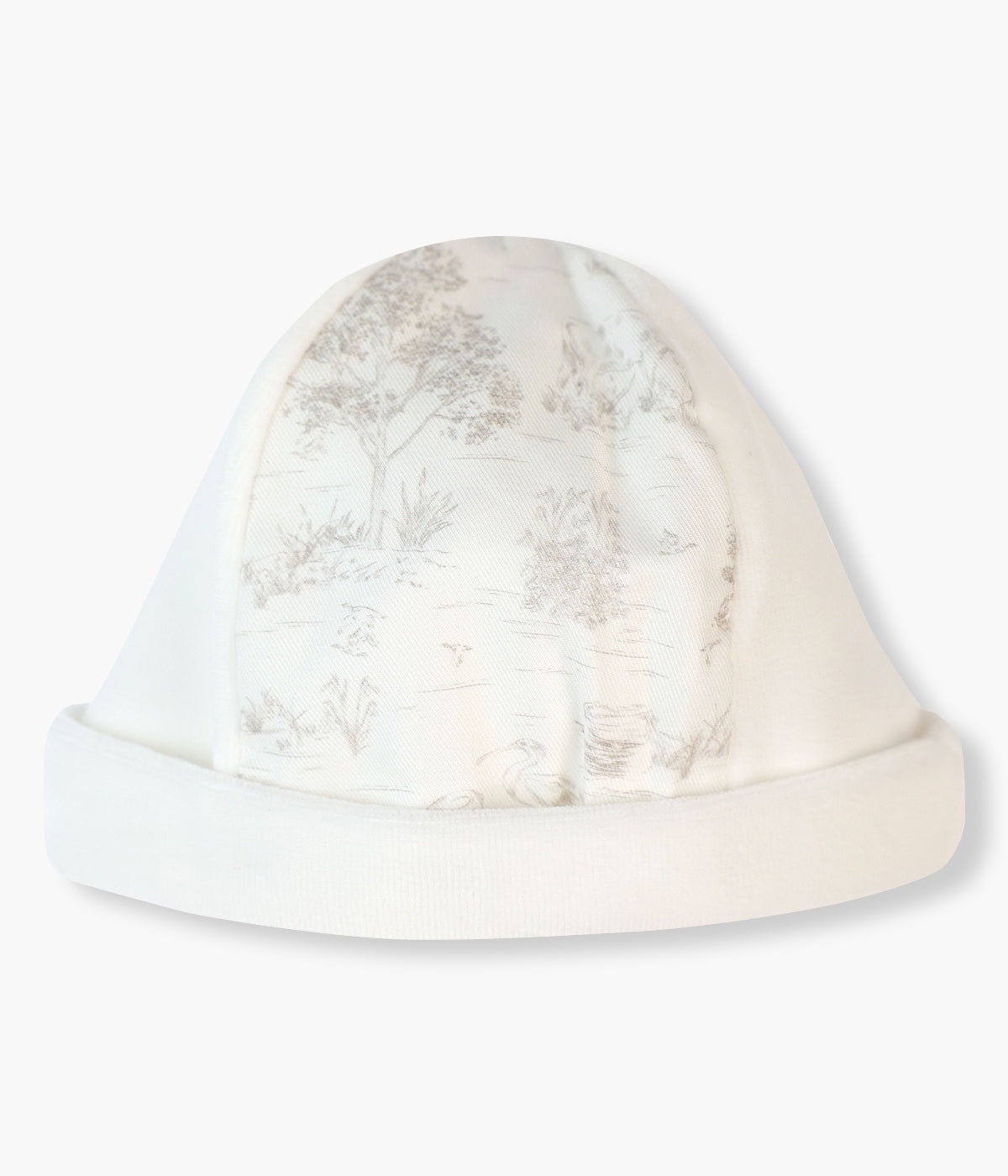 Gorro duplo em veludo pérola da Baby Gi para bebé e recém-nascido(a). Detalhe numa das faces com padrão toile de jouy. Forro em algodão sem costuras.