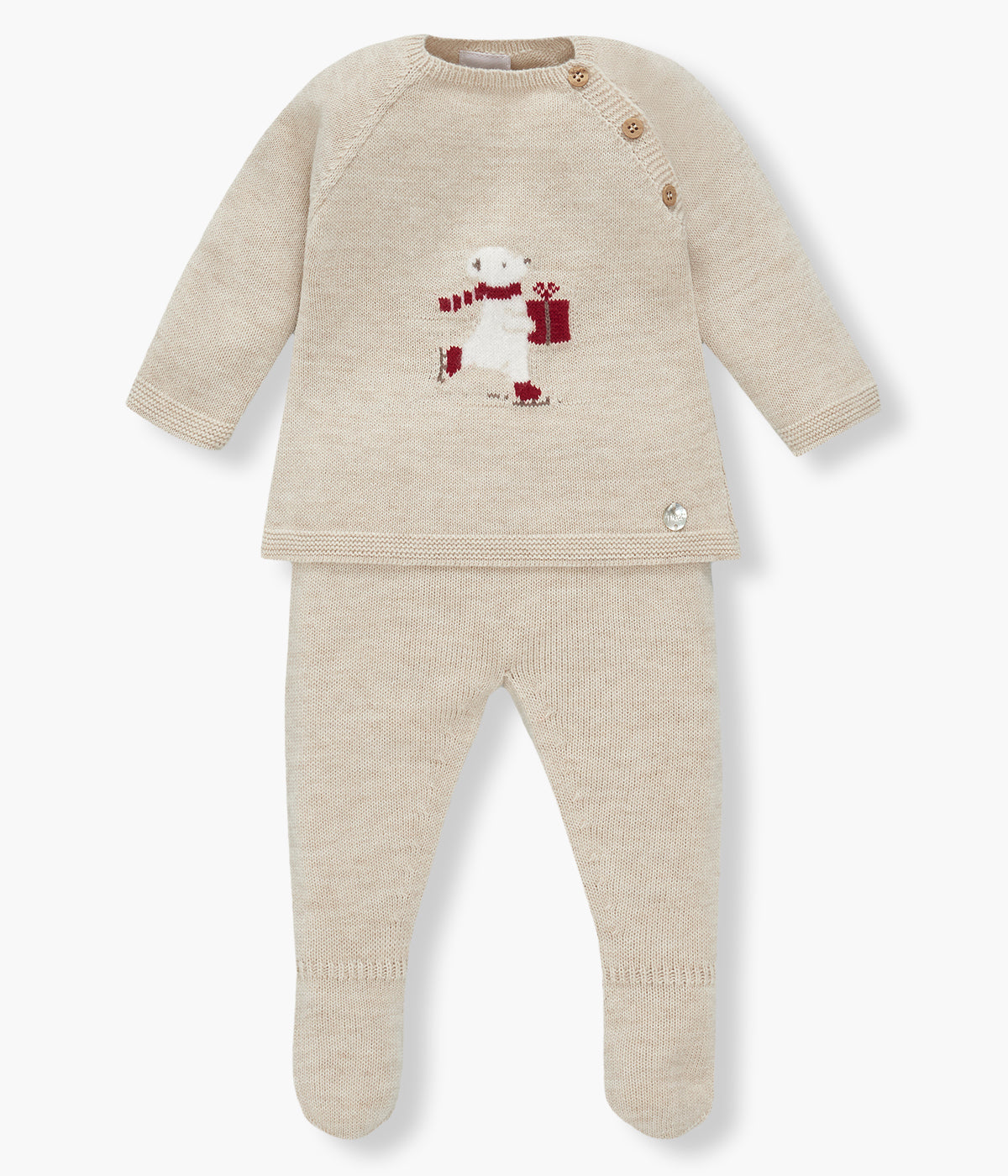 Conjunto de 2 peças em malha pérola da Paz Rodríguez para bebé e recém-nascido(a). Camisola com urso polar com presente tricotado na malha com abertura no ombro. Calças com pés.